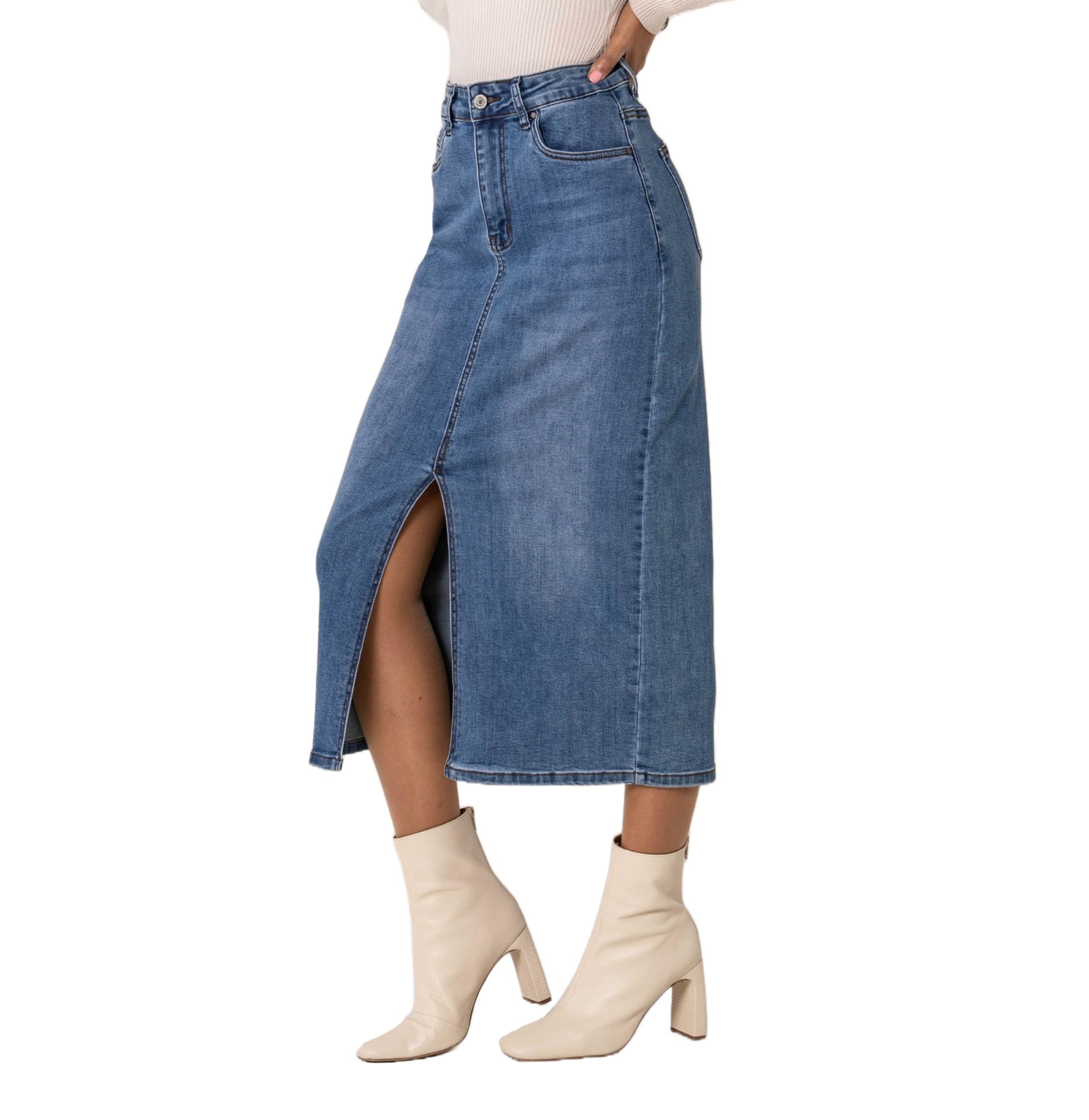 Nina Carter P215 Damen Jeansrock High Waist – Langer Stretch-Rock mit Schlitz vorne, Used Look, Wadenlang mit Reißverschluss