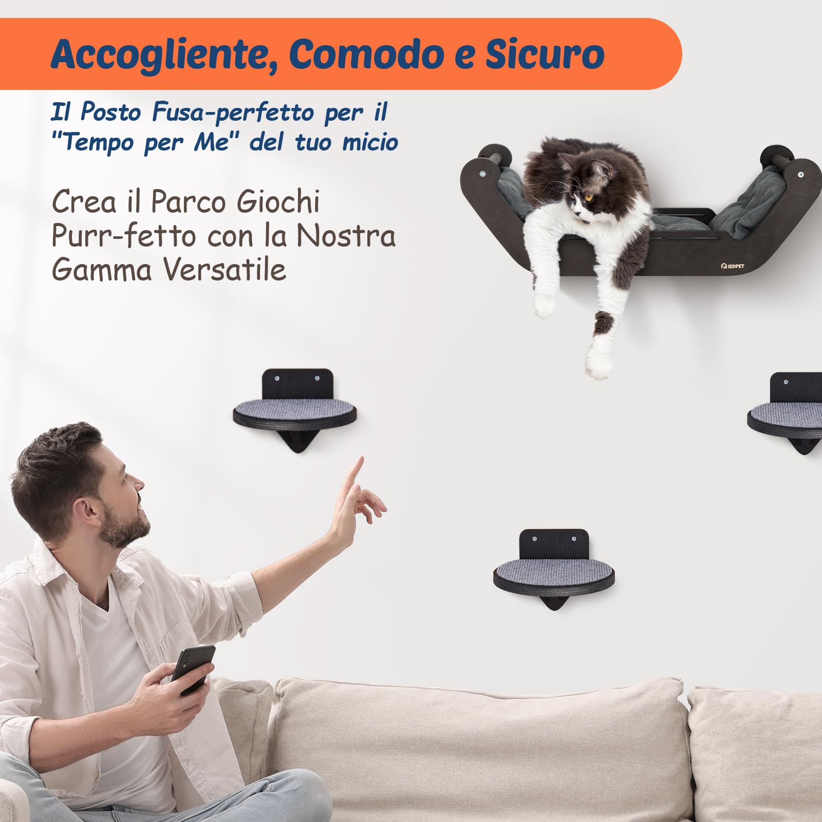 BSWAY Trespolo per Gatti con Parete Amaca e 3 Gradini, Multifunzionale per Dormire, Giocare e Arrampicarsi (XL, Letto per gatti​)