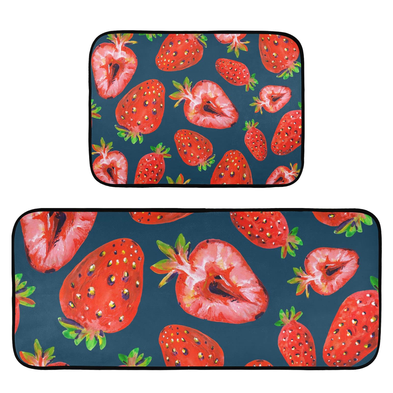 BOENLE Kitchen Rugs and Mats Non Skid Washable Kitchen Rug Set 2 Piece Fresh Strawberry Carpet Ergonomic Comfort Standing Mat for Kitchen,Bathroom, Laundry