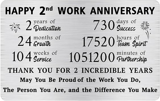 Alotozo 2 Year Work Anniversary Wallet Card - 2 Years of Service Appreciation Gift for Men & Women - Happy 2nd Work Anniversary for Coworker/Employee