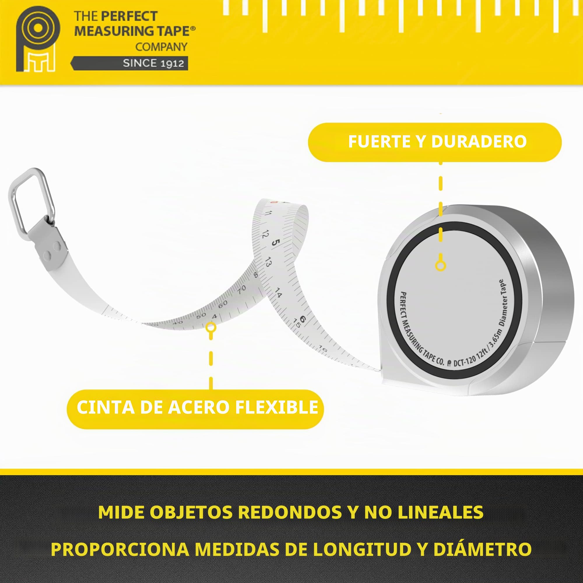 Cinta métrica perfecta para circunferencia de diámetro Pi, cinta métrica imperial y métrica de 1/2 pulgada por 12 pies, uso para medir objetos cilíndricos, modelo DCT120