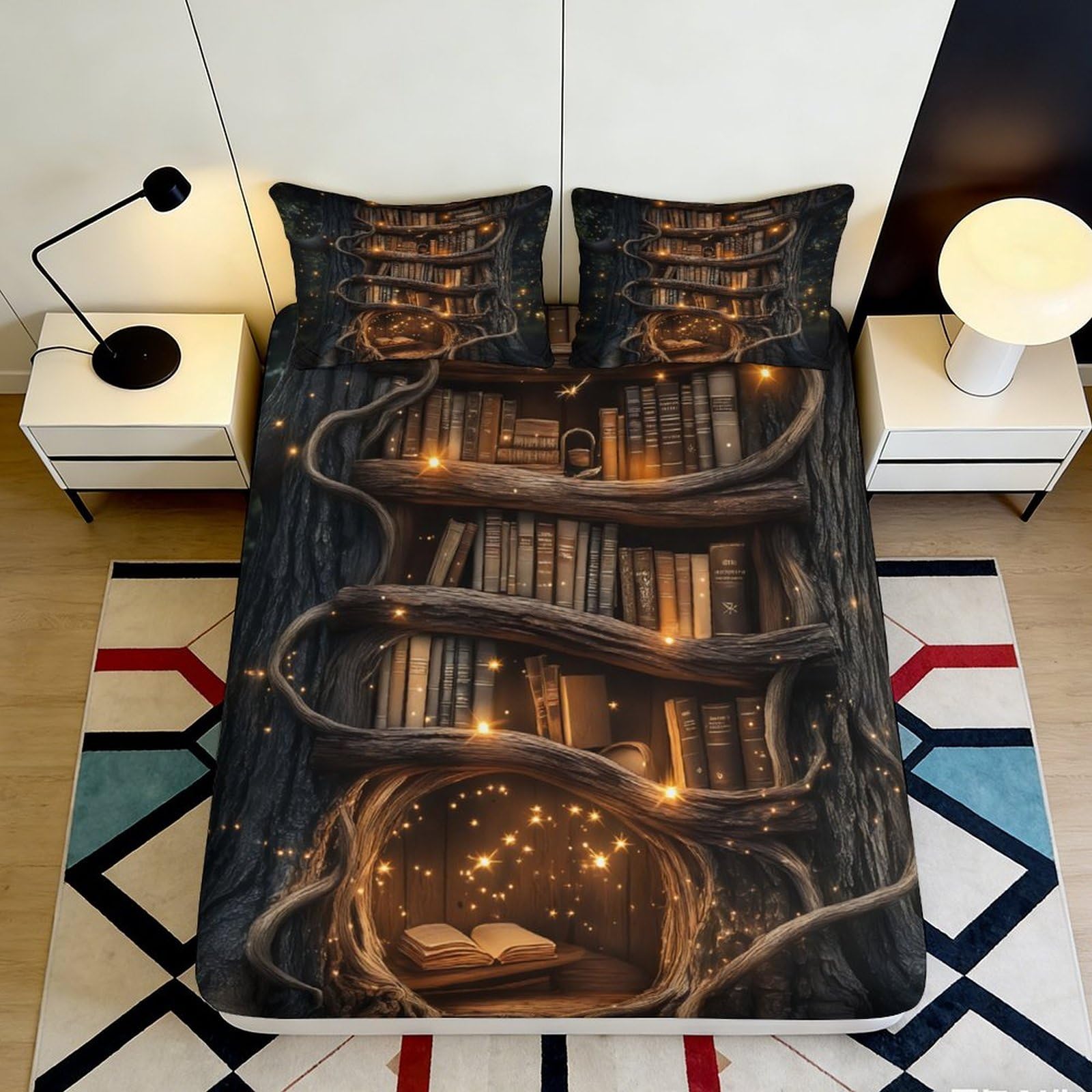 3D Printed Magic Bookshelf Fitted Sheet Microfiber Soft Non-Slip Fairy Tale Tree Bed Cover for Bedroom Dorm Mattress Decor 180x200x25cm