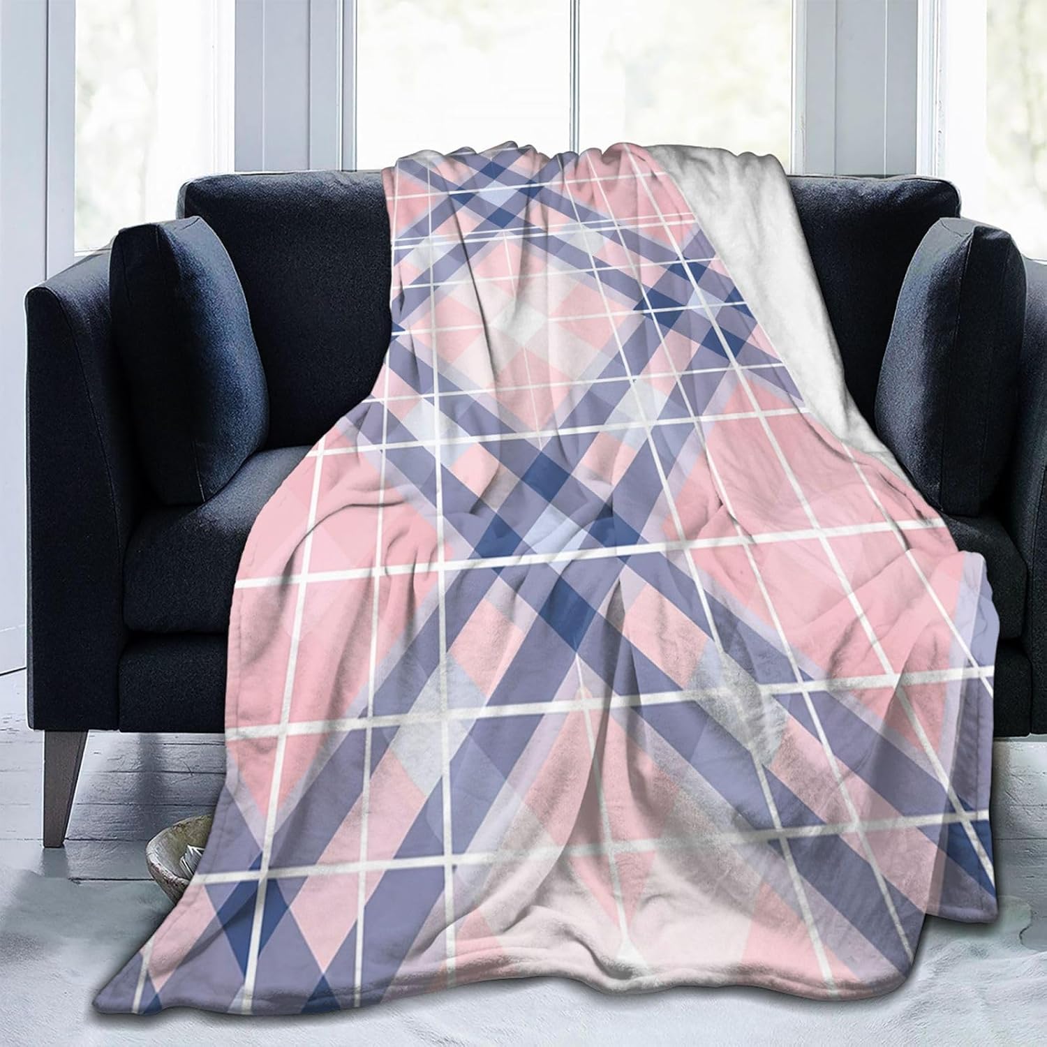 Manta Cuadros Rosa 200x200 cm Manta Polar de Franela Cuadros Azules para Sofa y Cama, Mantas Ligeras, Caliente y Transpirable, Todas Las Estaciones A-0750
