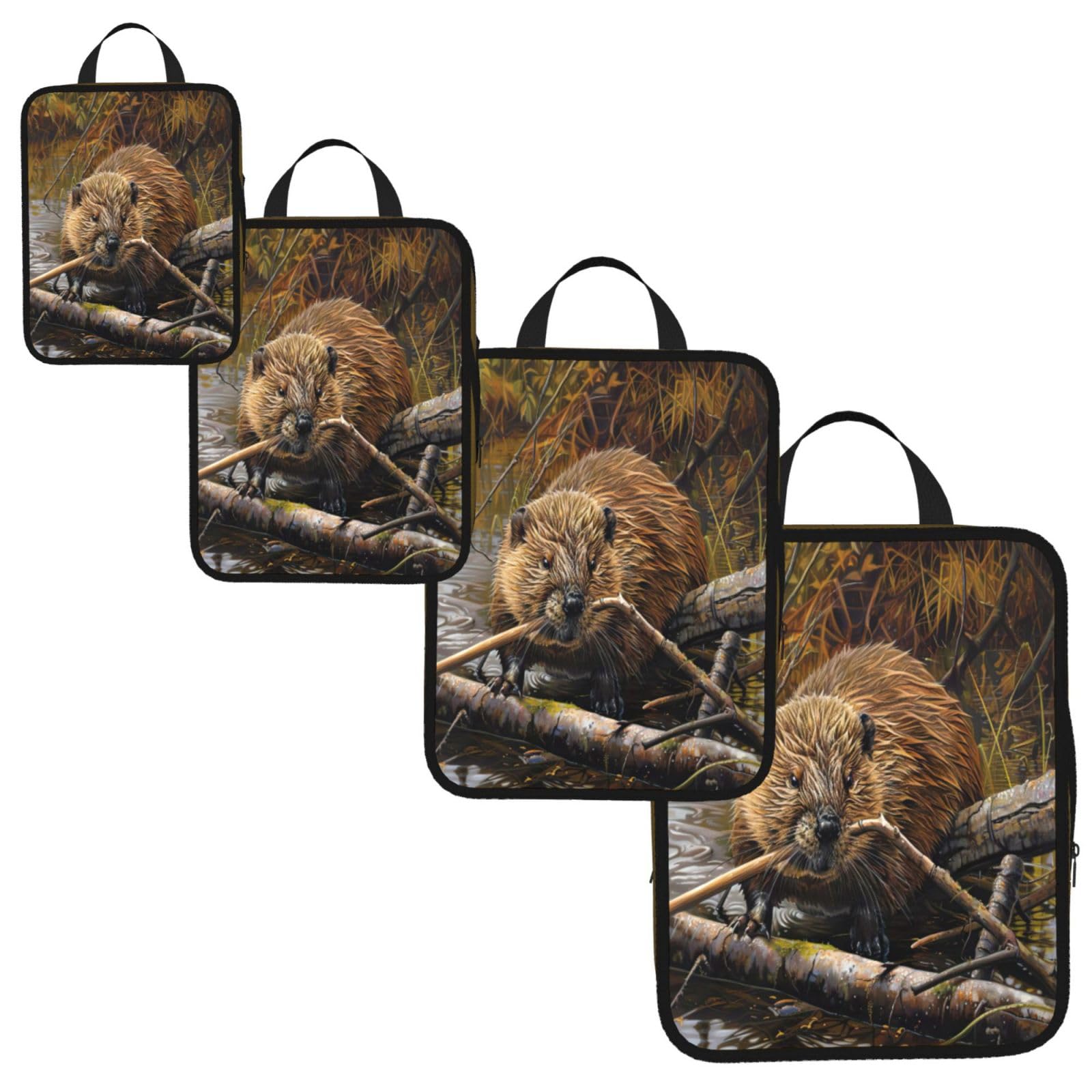 beaver working Print 4 Set Compression Packing Cubes for Suitcases,Expandable Storage Bag Organizers