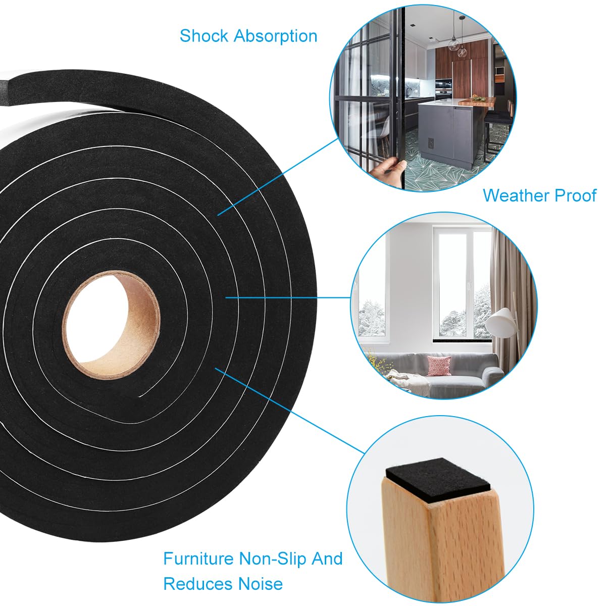 Seal Foam Tape, 2 Rolls 1/2 Inch W X 1/2 Inch T Weather Stripping For Door And Window,High Density Single Sided Closed Cell Door Insulation Weather Strip, 2 Rolls Total 13FT Black