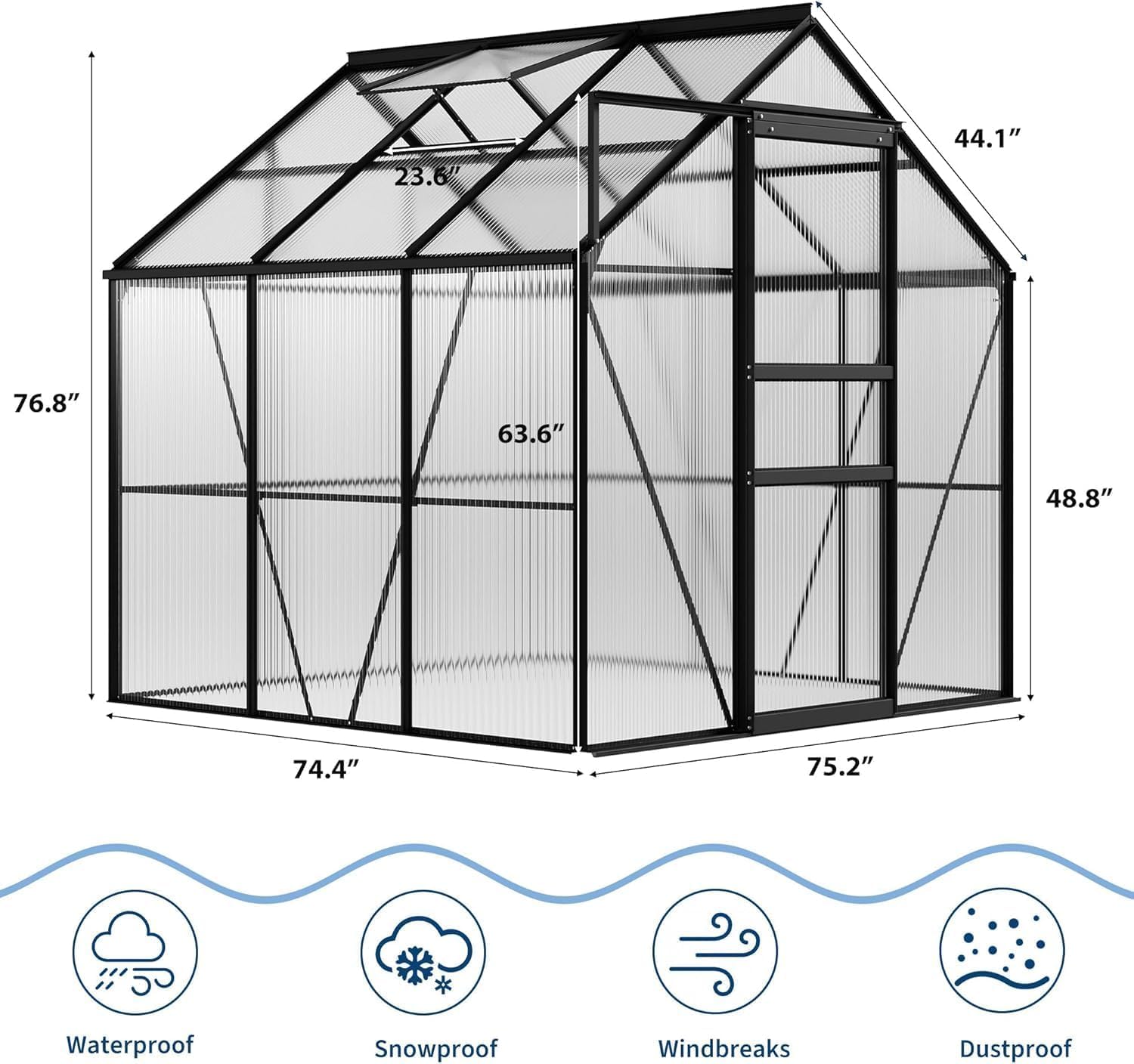 CABIHOME 6x6 ft Outdoor Greenhouse Kit, Heavy Duty Polycarbonate Greenhouse with Reinforced Aluminum Frame, Adjustable Roof Vent, Lockable Door & Quick-Connect System for All Seasons
