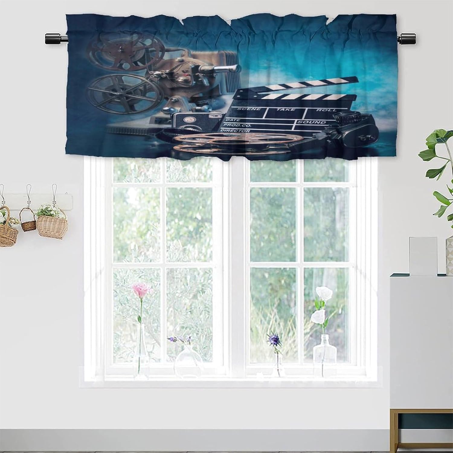Movie Theater Cinema Window Treatment Valances,Abstract Modern Art Film Reel Drink Tickets Theme Pattern Rod Pocket Curtain Valance for Kitchen,Bathroom,Living Room,Bedroom 54x18inch（1Pcs）