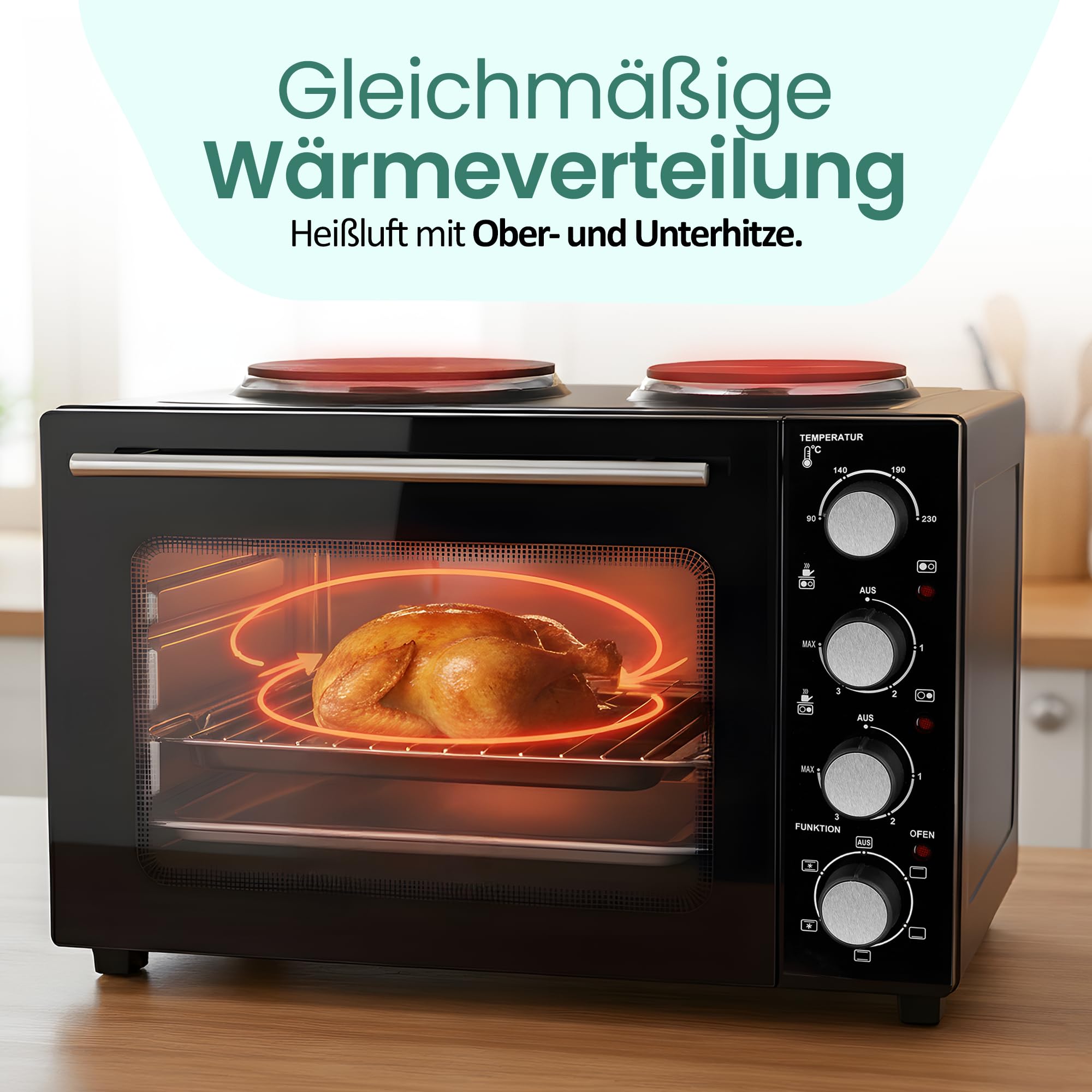 EMERIO Backofen mit 32 Litern + 2 Herdplatten | Umluft + Ober-/Unterhitze | Timer + Temperaturregler | inkl. Backblech & Grillrost | kompakter Tischofen für Pizza, Brötchen, Aufläufe | MO-125236.4