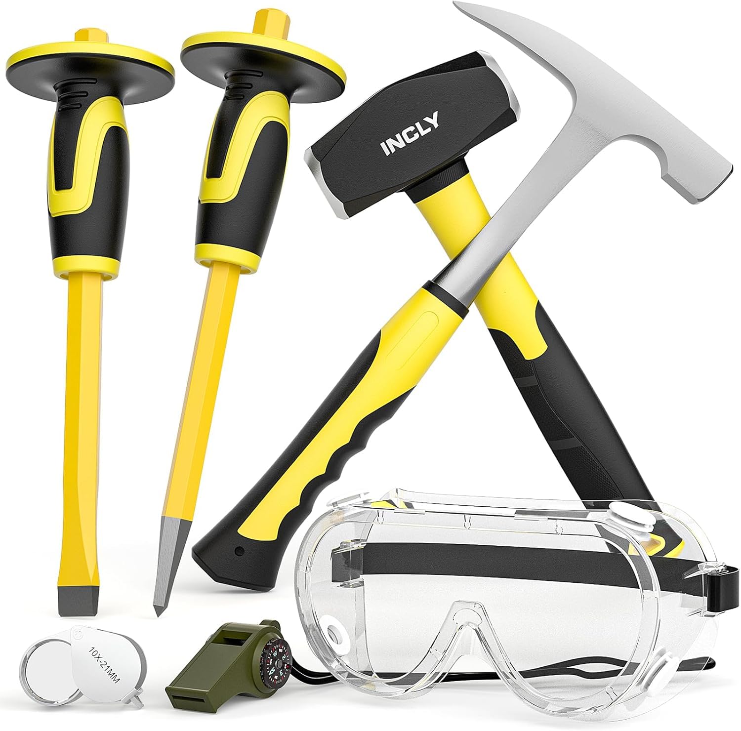 INCLY 8PCS Geology Rock Pick Equipment Kit, 3lb Sledge & 32oz Rock Hammer with 3PCS Concrete Chisel, Safety Goggles