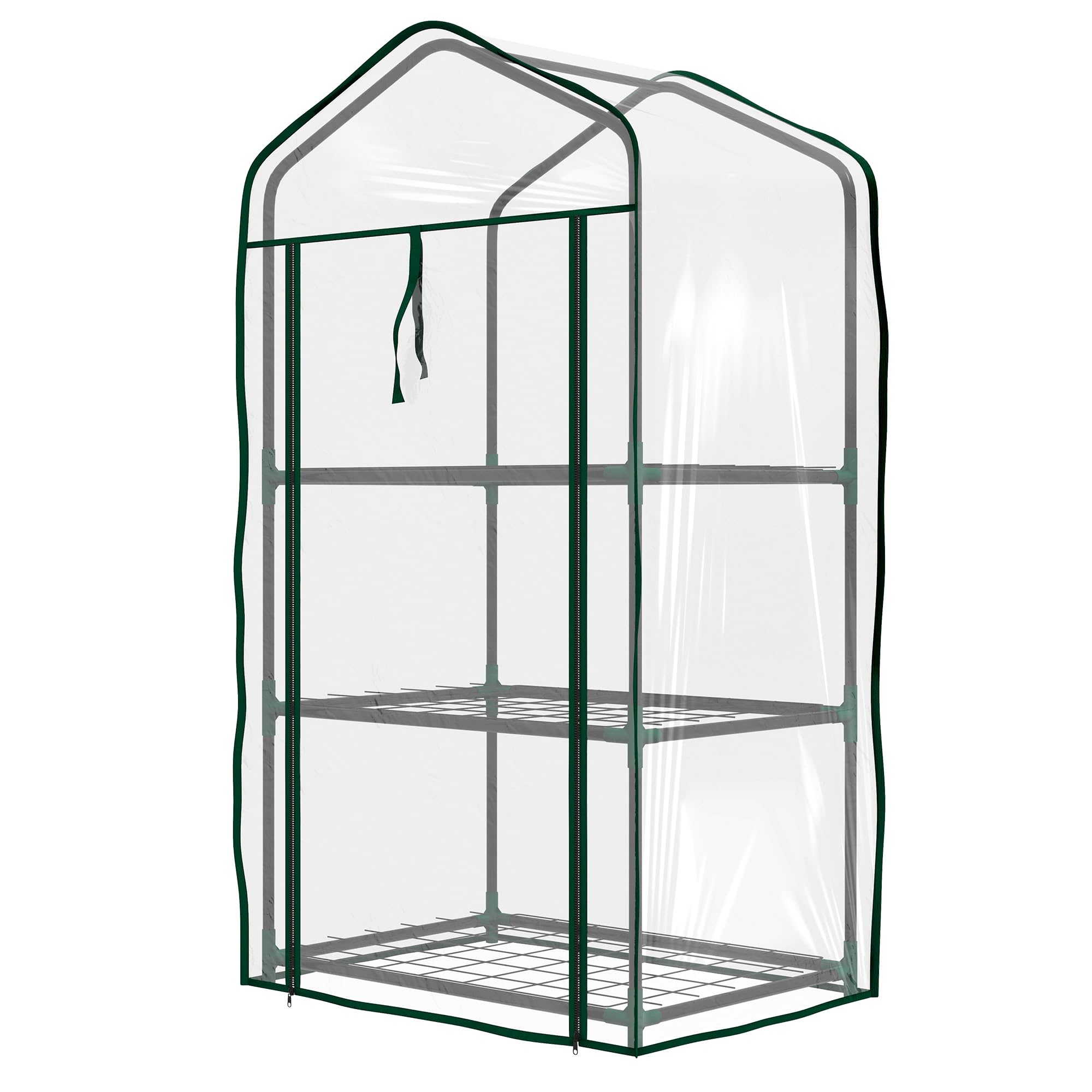 Outsunny Invernadero de Jardín de 3 Niveles Invernadero de Terraza con 3 Estantes Puerta con Cremallera Marco de Acero y Cubierta de PVC para Cultivo de Plantas Flores 59x39x127 cm Transparente