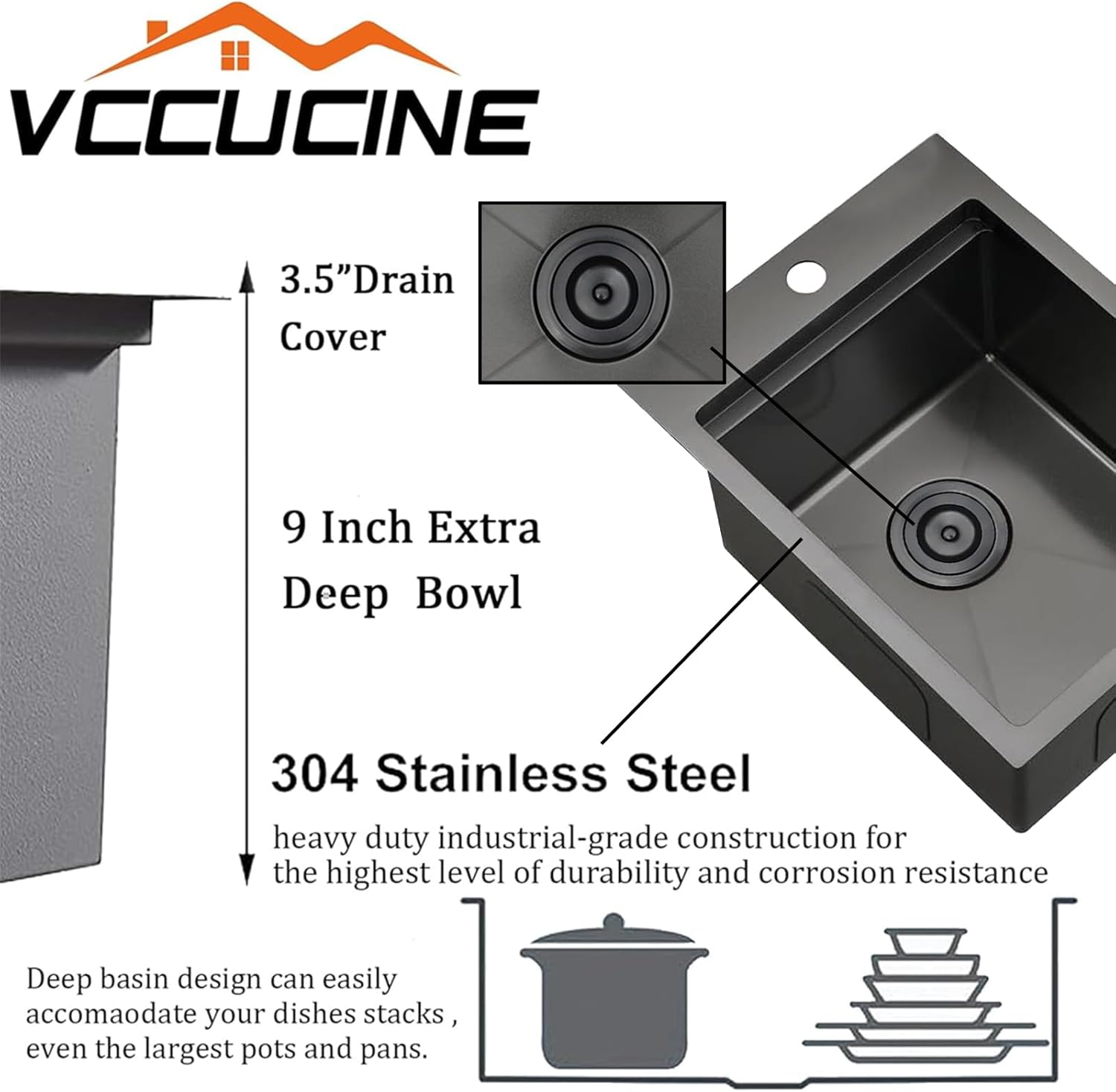 VC CUCINE 15x20 Inch Gunmetal Black Drop-in Bar Sink, Single Bowl, 16 Gauge Stainless Steel, Topmount, Modern, Workstation Sink with Accessories