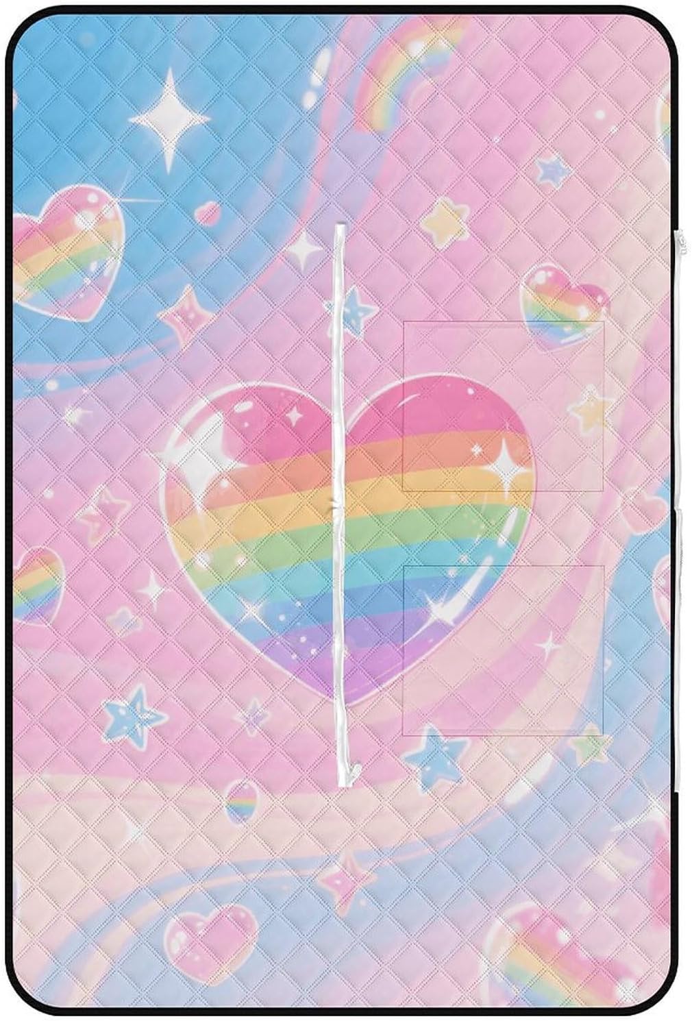 Iridescent Love Heart Stars Pattern Picnic Blanket 150x100cm, Foldable 2-in-1 Picnic Mat and Tote Bag Portable Waterproof Beach Mat Sandproof Outdoor Blanket for Park, Hiking, Beach, Camping, Travel