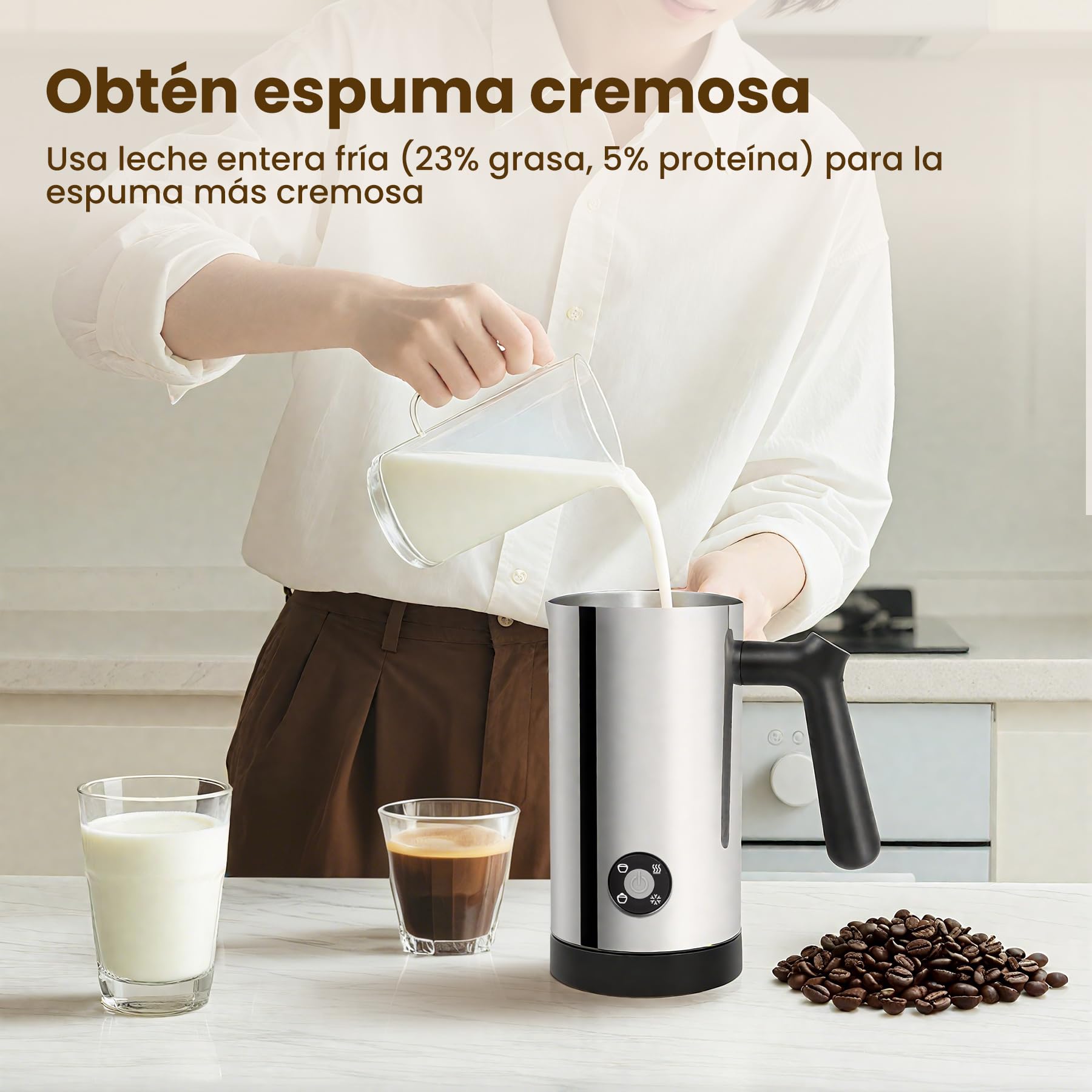 Mousseur à Lait Électrique 4 en 1 avec Chauffe Lait et Mousse Chaude Froide, Commande par Boutons, Carafe en Acier Inoxydable à Nettoyage Facile pour Café Latte Cappuccino
