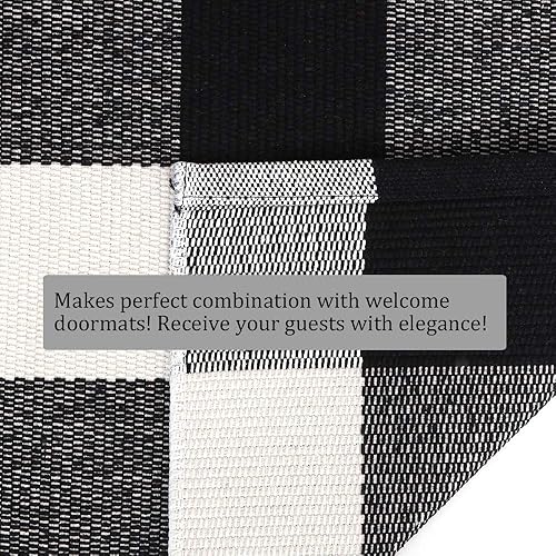 Miniatura 6 de Alfombra de lana cuadriculada para exteriores, 27.5 x 43 pulgadas, color blanco y negro, para interiores y exteriores, alfombra de capas