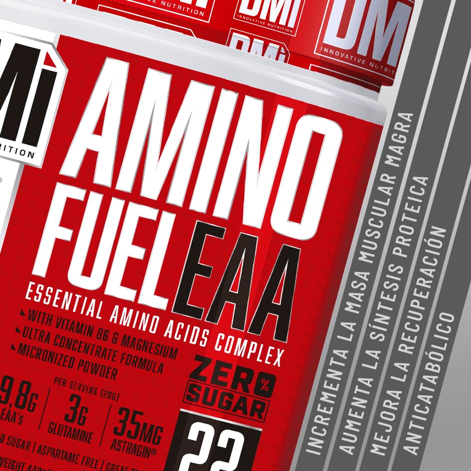 DMI INNOVATIVE NUTRITION Amino Fuel EAA 440 g Sabor Piruleta – Complejo de Aminoácidos Esenciales con Glutamina Kyowa Quality®, Magnesio y Vitamina B6 – Recuperación y Masa Muscular – sin Azúcar