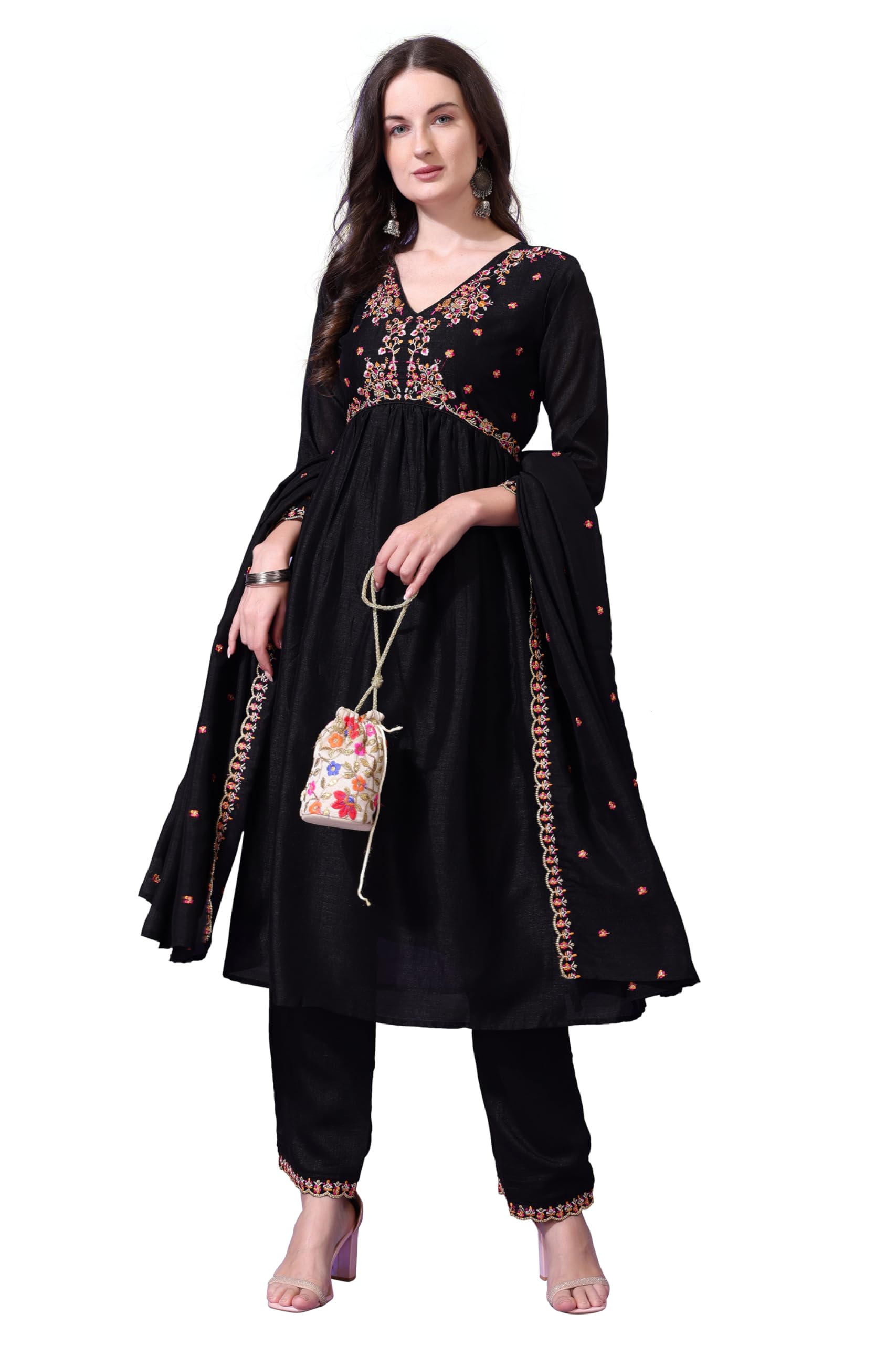 Pratham Blue Women's Silk Embroidered Anarkali Kurta Palazzos With Dupatta |Kurta Sets For Women |Women Kurta | Women Embroidered Kurta Sets Kurtis |Women Kurta Pant Set (Bkp-1003-S_Black)