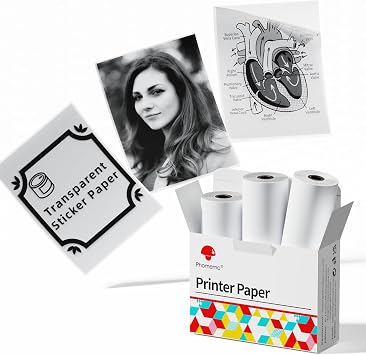 Phomemo Transparent Self-Adhesive Thermal Paper, Glossy Printable Sticker Paper Label for Phomemo M02/M02 Pro/M02S/P2S/M04S Mini Sticker Printer, 50mm x 3.5m, Diameter 28mm, 3-Rolls
