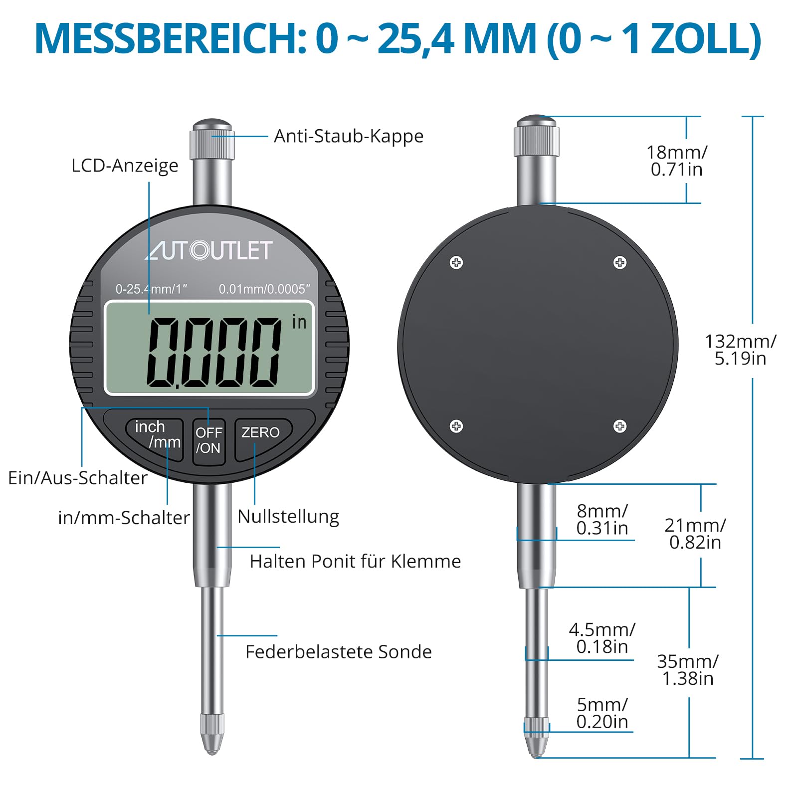 AUTOUTLET Digital Messuhr und Magnetfuß mit Zentralklemmung 25cm 132lbs/60kg Maximale Zugkraft, 0-25,4mm/1'' Messtaster Zoll/Metrische Umrechnung, Magnet Messuhrhalter, für Labor Werkstatt 3D Drucker