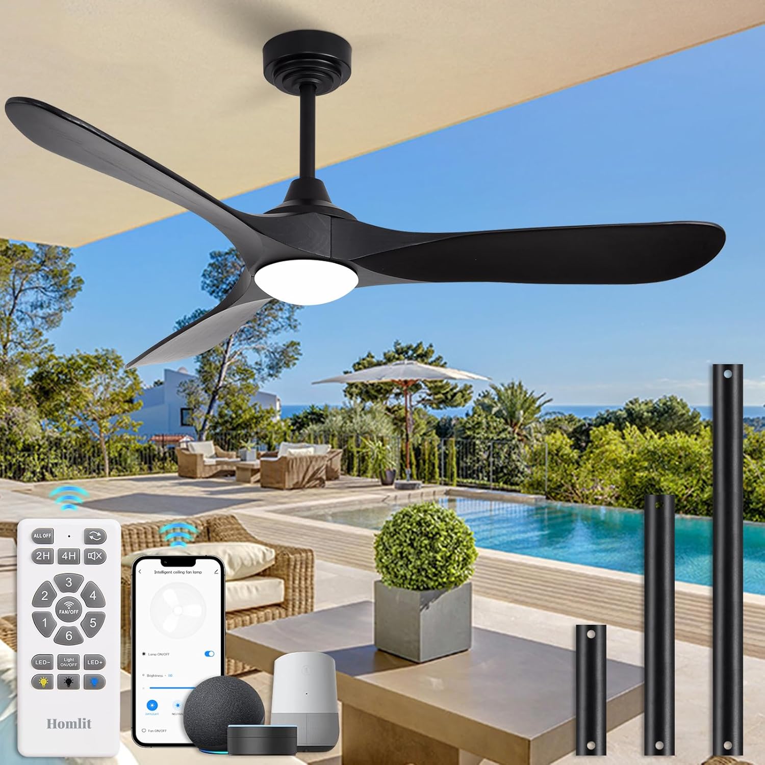 52” Outdoor Ceiling Fan with Light and Remote via WiFi Alexa, 3 Black Solid Wood Blade, Noiseless Reversible Dc Motor, Smart Outdoor Wood Ceiling Fan for Farmhouse Patios, Black