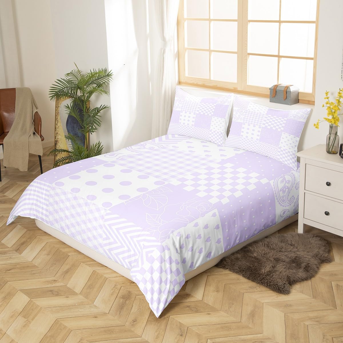 Manfei Purple Plaid Duvet Cover Set Single Size, Paisley Floral Hearts Print Comforter Cover with 1 Pillowcase - Image 2