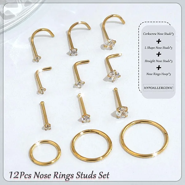 18g Nose Rings Hoop and 20g Nose Studs Sets for Women Men,Hypoallergenic 316L Surgical Stainless Steel Hinged Clicker Segment Nose Rings Hoop Helix Cartilage Daith Tragus Sleeper Earrings Silver Gold Black L Shape/Corkscrew/Straight Nose Studs Real Body Piercing Jewelry
