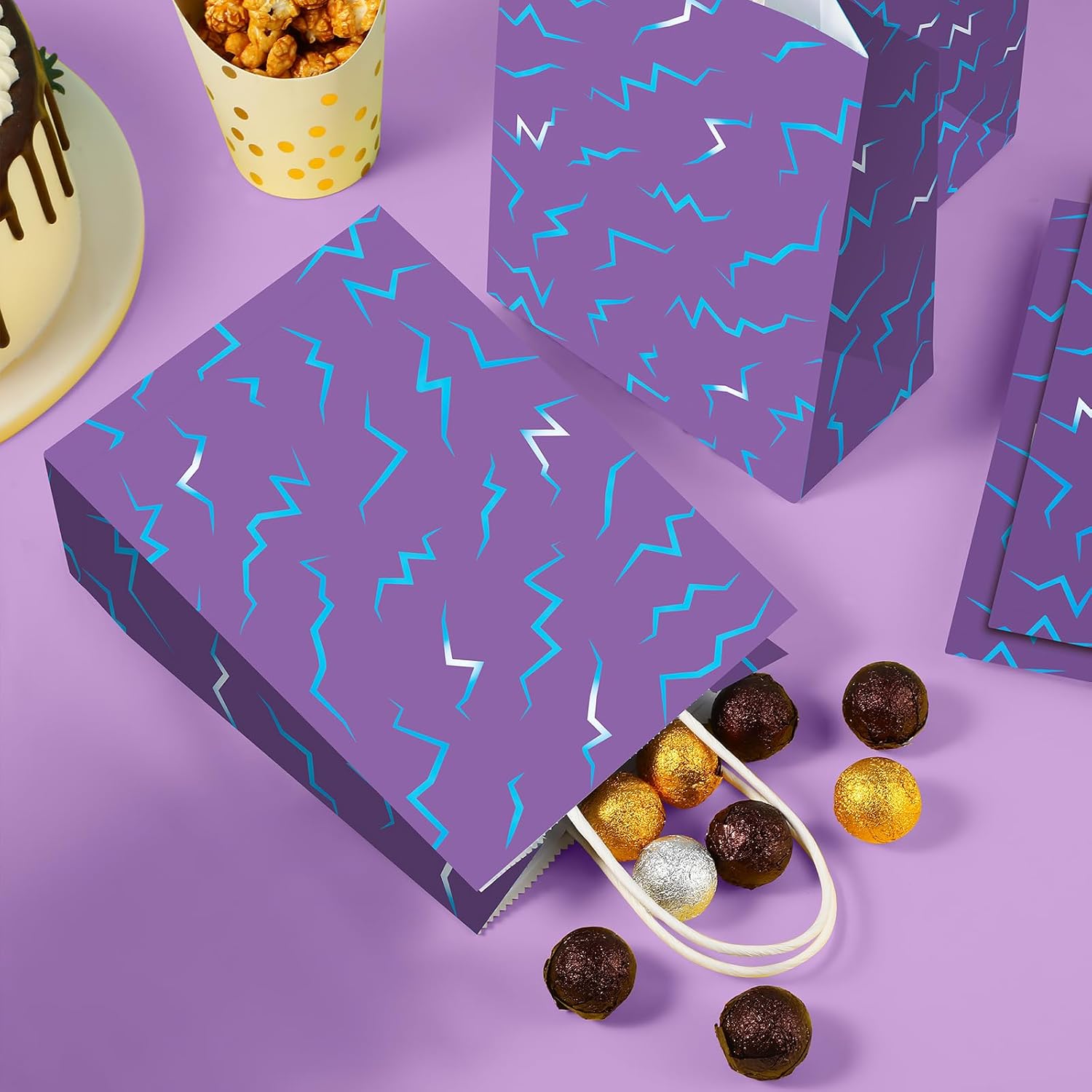 24 Pcs Kpop Party Favor Bags, Purple and Blue K Pop Themed Kraft Paper Gift Bags with Handles & 3 Pack Iridescent Purple Kpop Plastic Tablecloth 54x108 Inch image 3