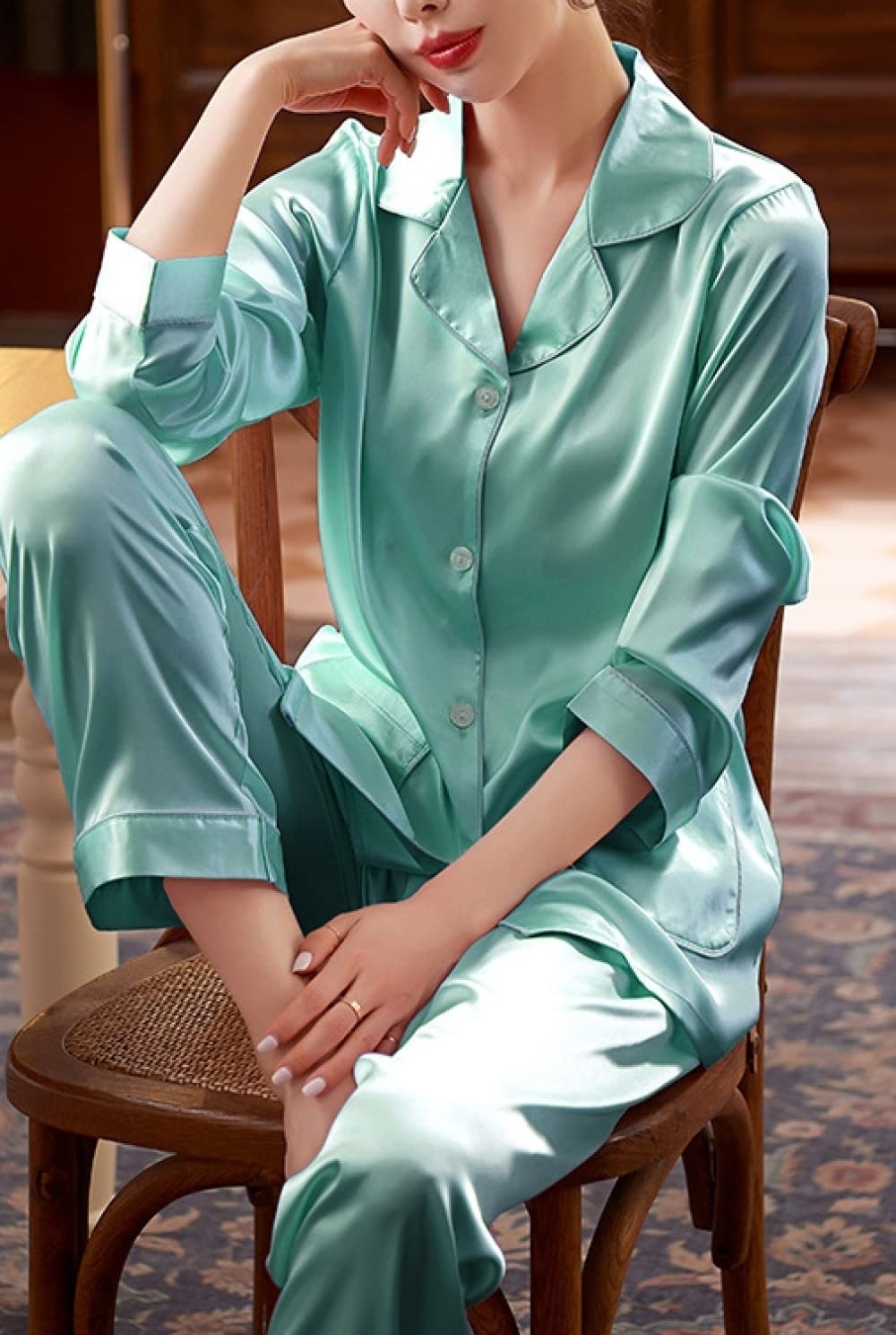 Pijamas Para Mujer Conjunto De Pijama De Poliéster Con Solapa Verde Y Puños Sueltos Conjunto De Pijama De Manga Larga Simple Regular Para Mujer Conjunto De Dos Piezas Regalo De Festival Adecuado P