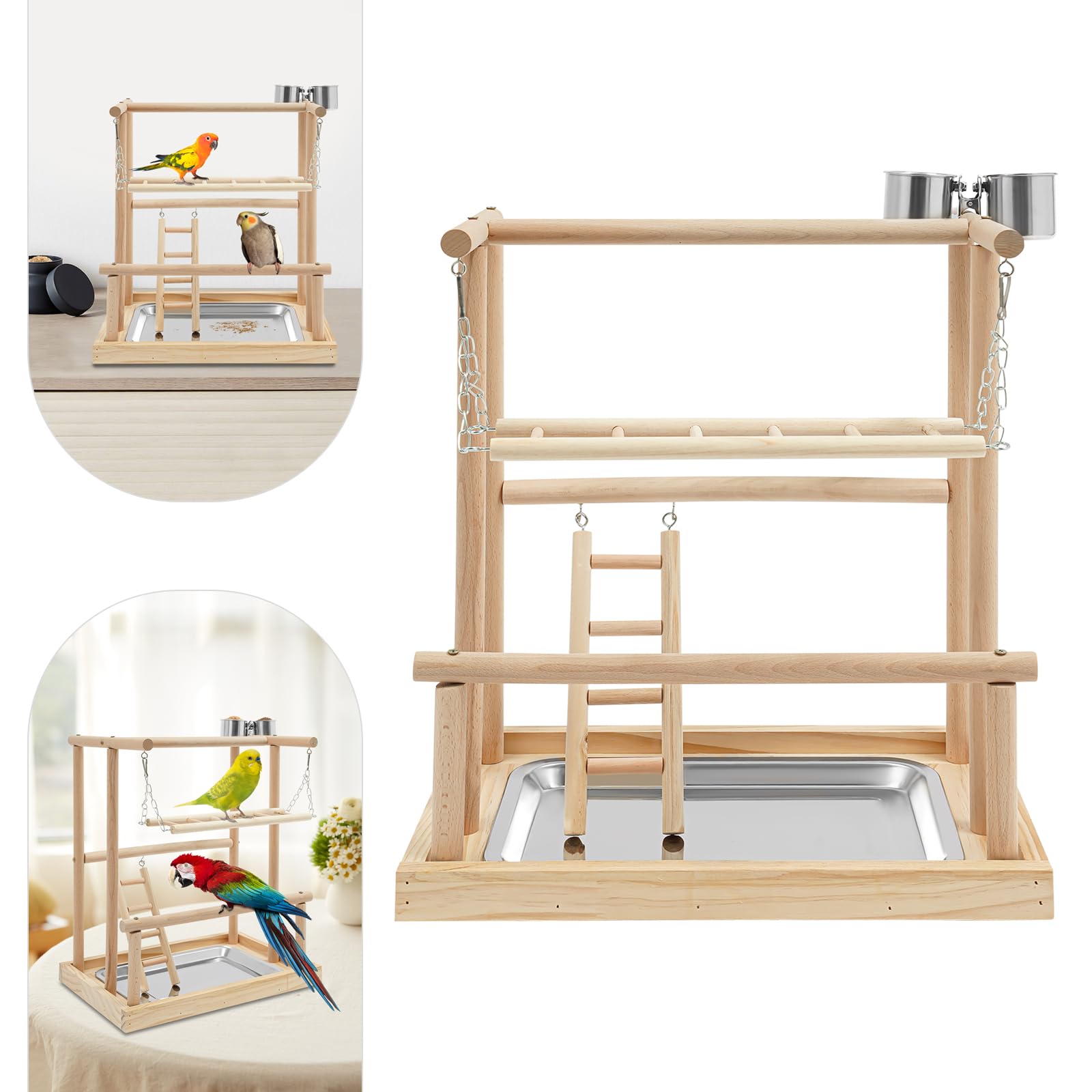 Papageienspielregal Holzvogelspielstand Vogelspielplatz mit Leiter und Kletterschaukel aus Holz und Edelstahl 40x26x45.5cm Naturholz Für Wellensittiche Ziegensittiche Kleinvögel