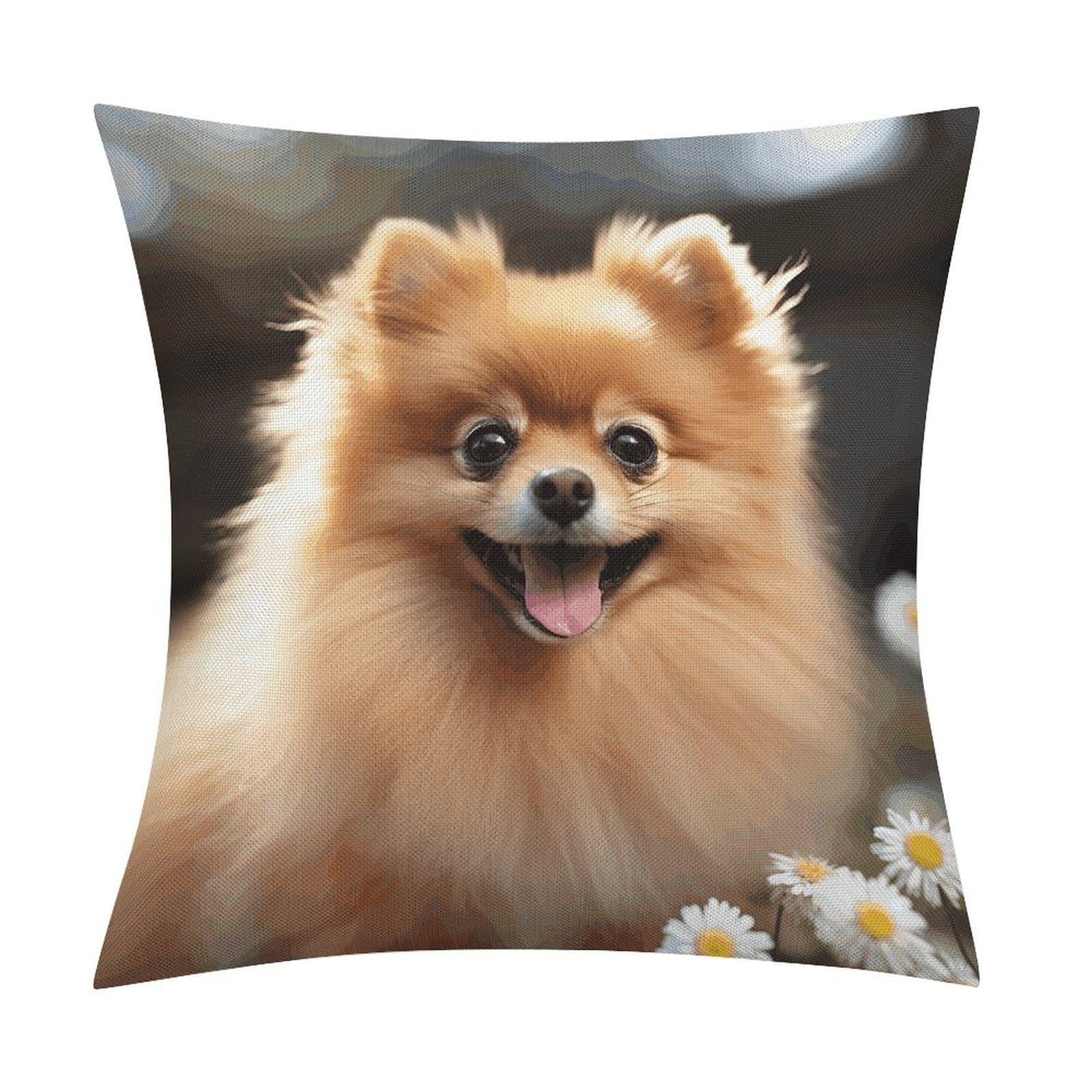 LZQPOEAS Pomeranian Dog Throw Pillow Covers, Waterproof Faux Linen Pillow Cases with Invisible Zipper, Decorative Square Cushion Covers for Sofa Couch Living Room Bedroom 18x18 Inch