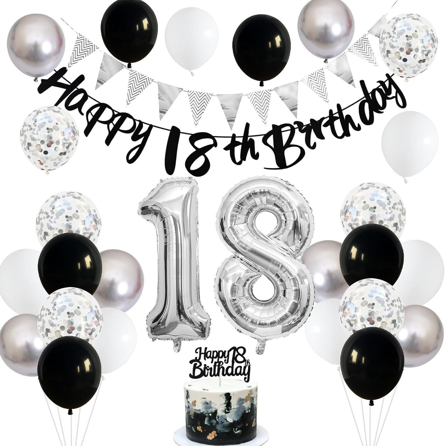 18th Birthday Party Decorations Set with Balloons for Adult – Silver Black White Balloons, Number 18 Foil, Cake Topper and Banner Set – Elegant Adult Birthday Decoration Set