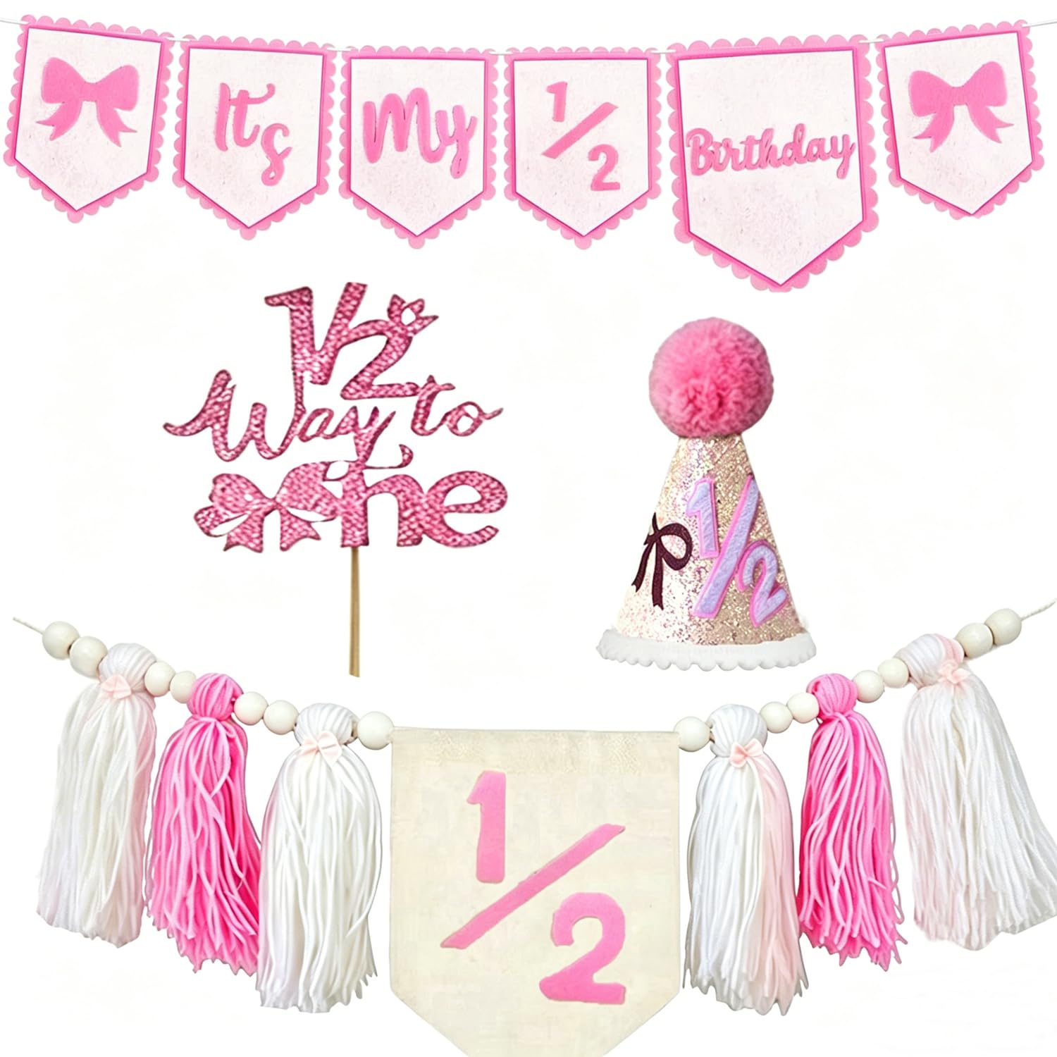 Half Birthday Decorations for Girl - Pink Bow Themed 1/2 Birthday Banner Set High Chair Tassel Garland Glitter Cake Topper & Cone Hat 6 Months Party Supplies for Photoshoot & Cake Smash — image 1