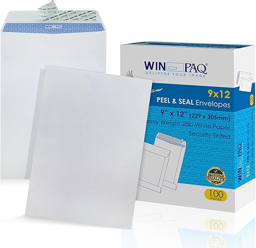 WINPAQ Sobres de bolsillo de 9 x 12 pulgadas con cierre de tejido blanco de 28 libras, ideal para archivar, almacenar o enviar documentos (100