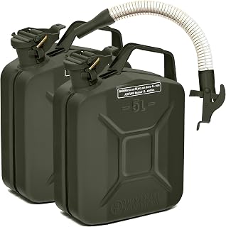BW® Bidón de combustible de metal para gasolina, 2 x 5 litros, con boquilla, color verde bronce, RAL 6031-F9, certificado TÜV y autorización UN, fabricado en Europa