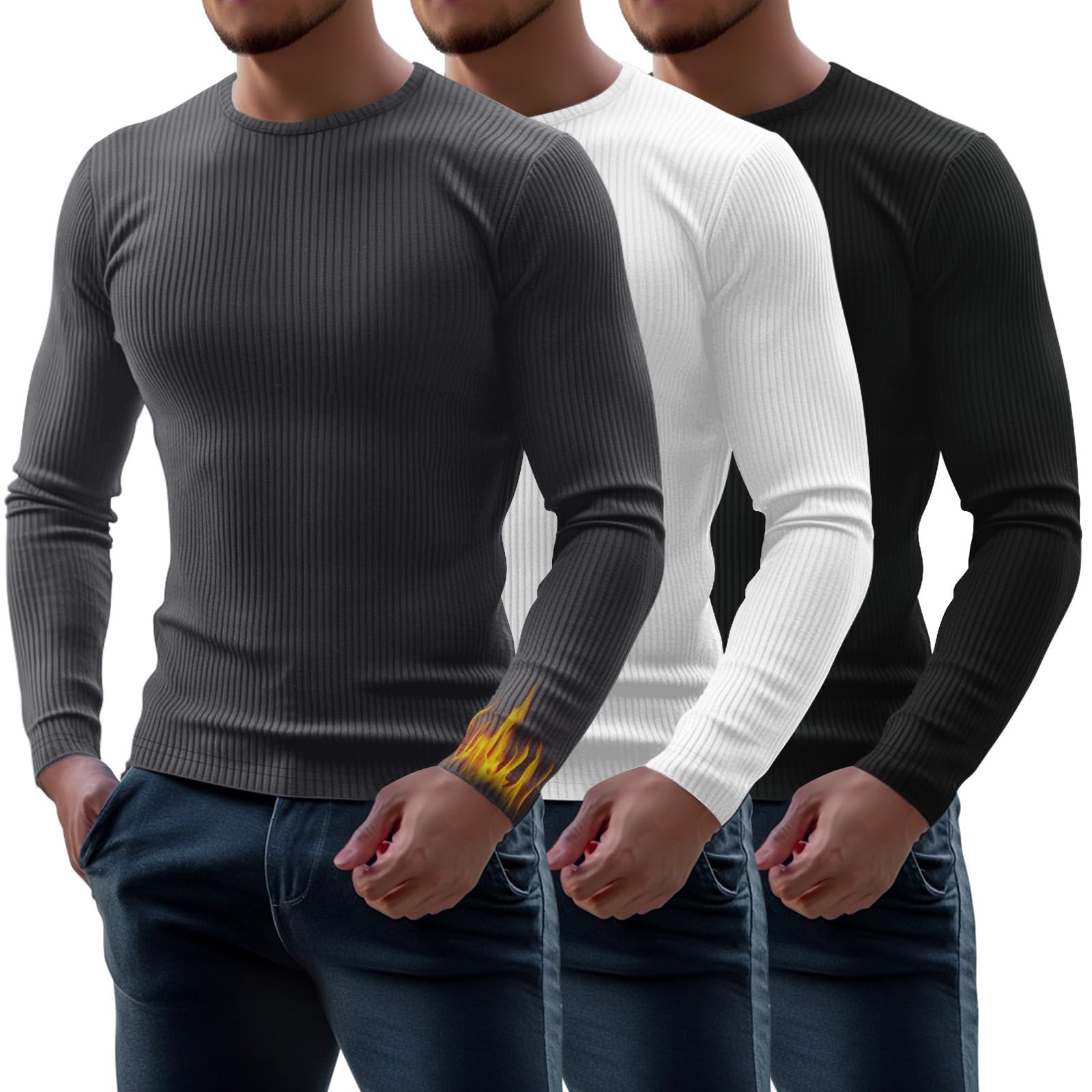Riyiper 3 Pack Men's Ribbed Thermal Shirts Crew Neck Long Sleeve Tops Winter Stretchy Slim Basic Undershirt