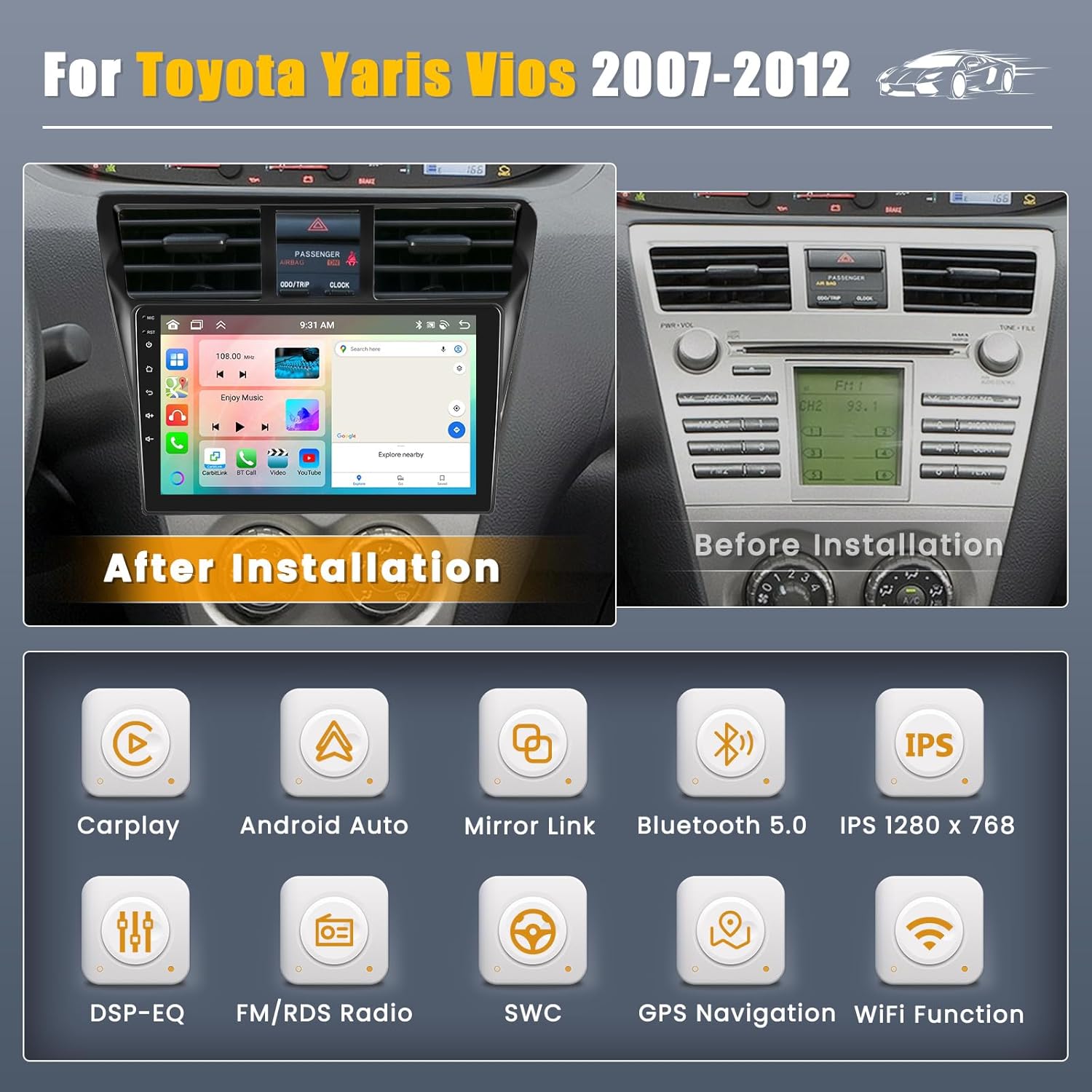 8 Core 6 128G Android 15 Car Stereo Upgrade Radio for Toyota Yaris Vios 2007-2012, 9'' Touch Screen with Wireless CarPlay & Android Auto, AHD Backup Camera, Mirror Link, GPS Navigation