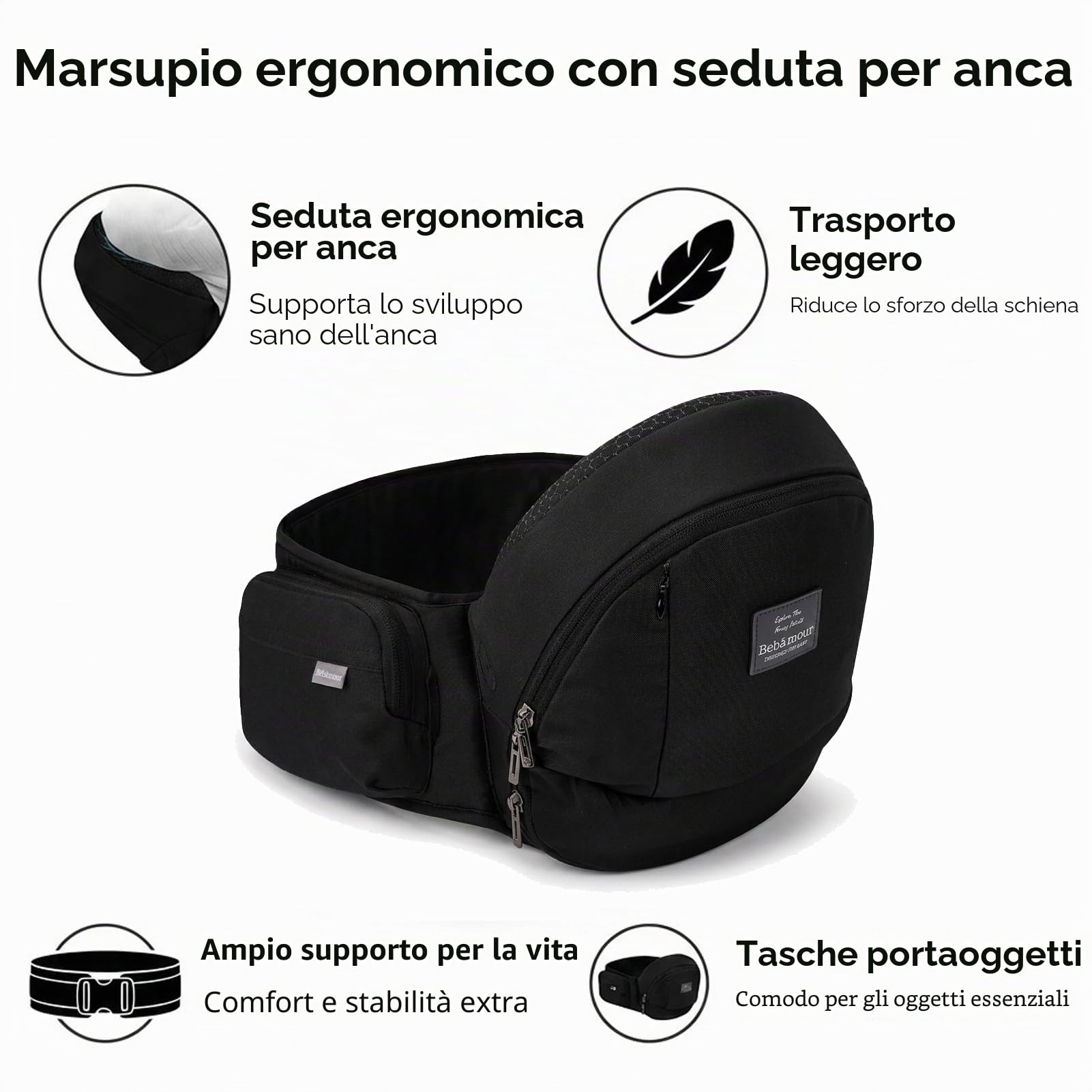 Bebamour Marsupio per neonato Hip Seat 0-36 mesi, leggero, 3 in 1, da neonato a bambino, HipSeat (nero)