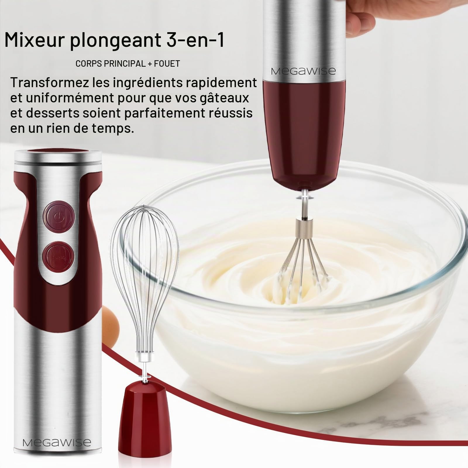 Megawise Pro Titanium Enhanced 3 - en - 1 immersion cordon mélangeur à main puissant moteur avec 80% de lames tranchantes 12 vitesses cordon mélangeur y compris Whisky & MILK CREAM (3 - en - 1 rouge)