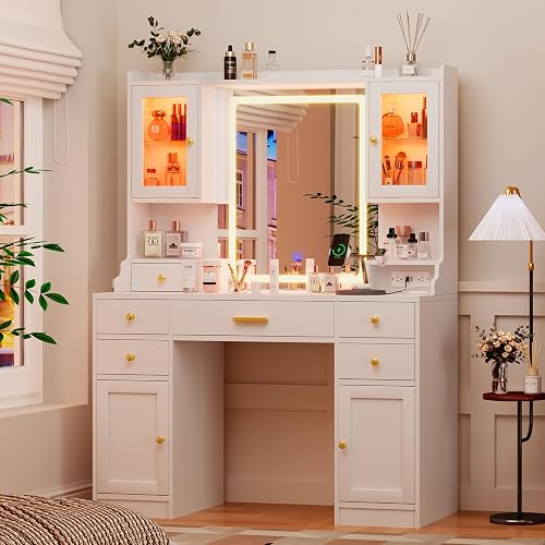 CSZZD White Makeup Vanity Desk with LED Mirror & RGB Cabinets