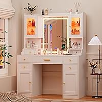 CSZZD White LED Makeup Vanity Desk with RGB Cabinets, Charging Station, Adjustable Mirror Lights & Ample Storage