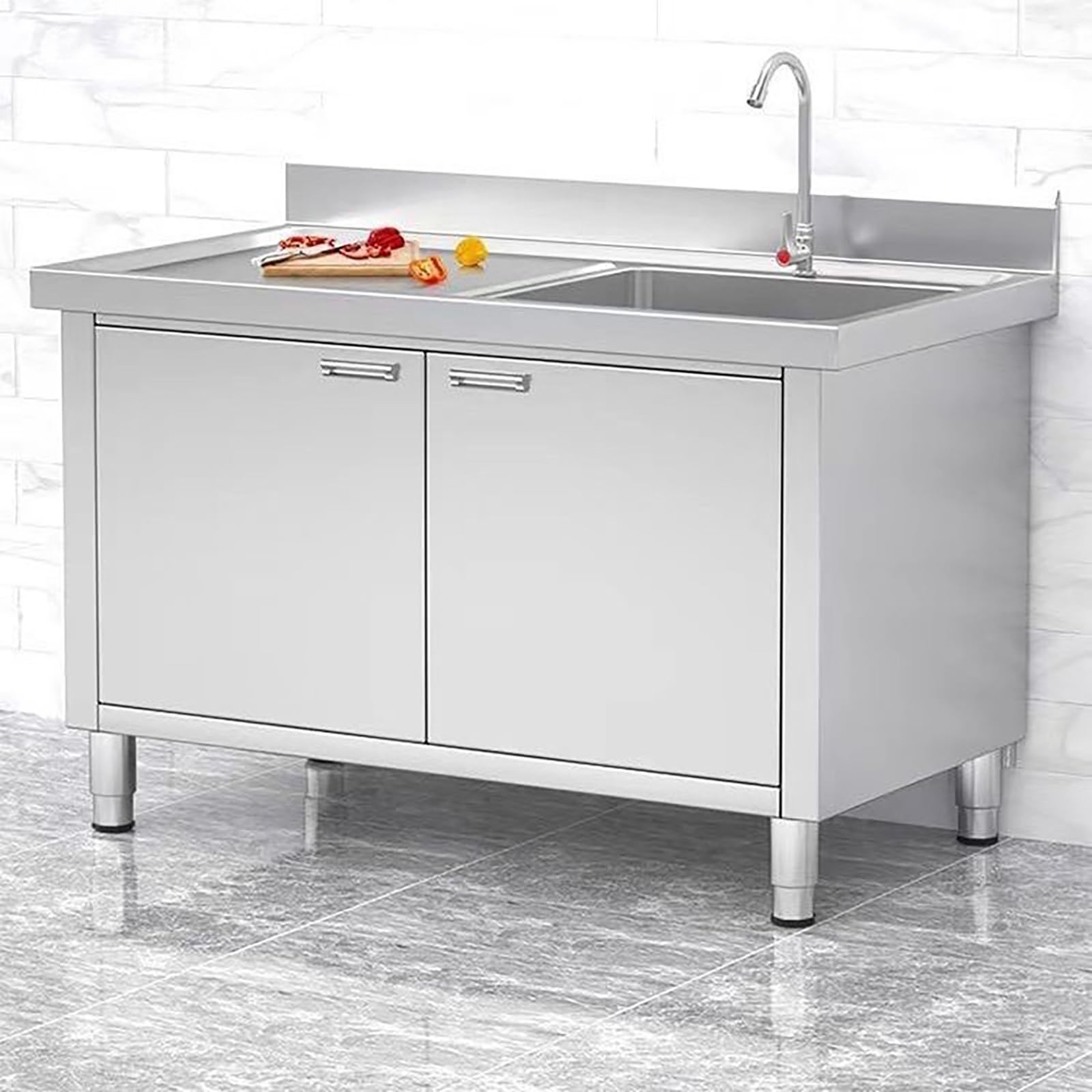 Tavolo Da Lavoro In Acciaio Inox Con Lavandino Destro, Acciaio Inossidabile Tavolo Di Preparazione E Lavoro Con Costola Alta E Rubinetto, Tavolo Per La Preparazione Degli Alimenti Con Sportelli