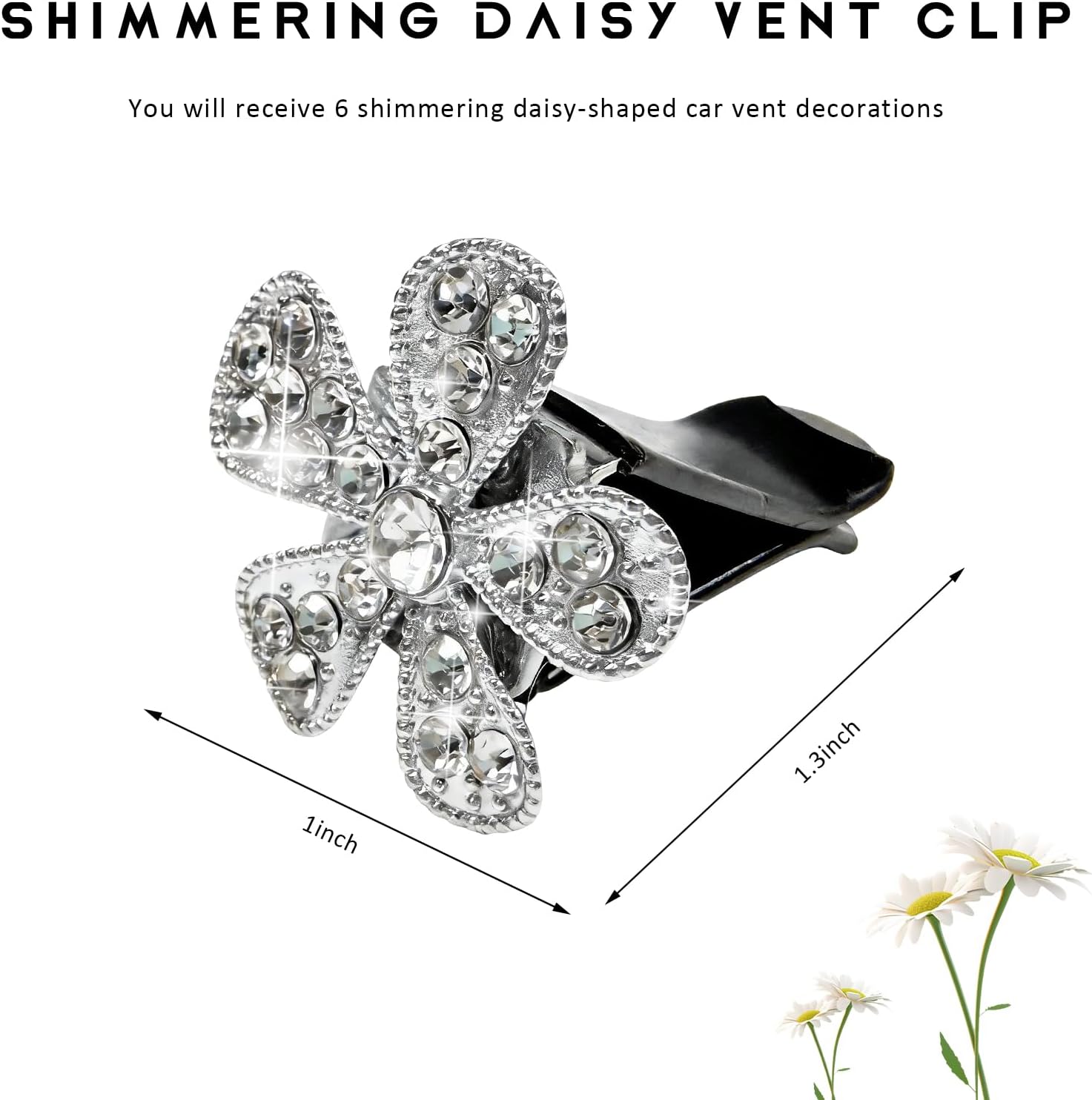 6 PCS Bling Daisy Flower Car Air Vent Clip, Cute Rhinestone Auto Air Conditioning Clips, Shiny Vent Outlet Clip Vehicle Interior Decor for Women Girls, Car Accessories (Silver) image 2