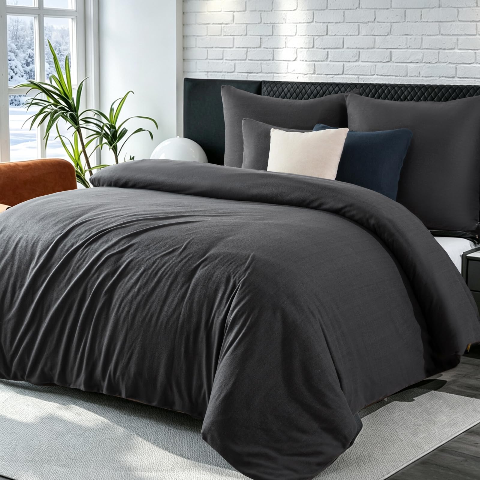Soifox Fleece Warm Duvet Cover Set Double Quilt Bedding Set, Dark Grey