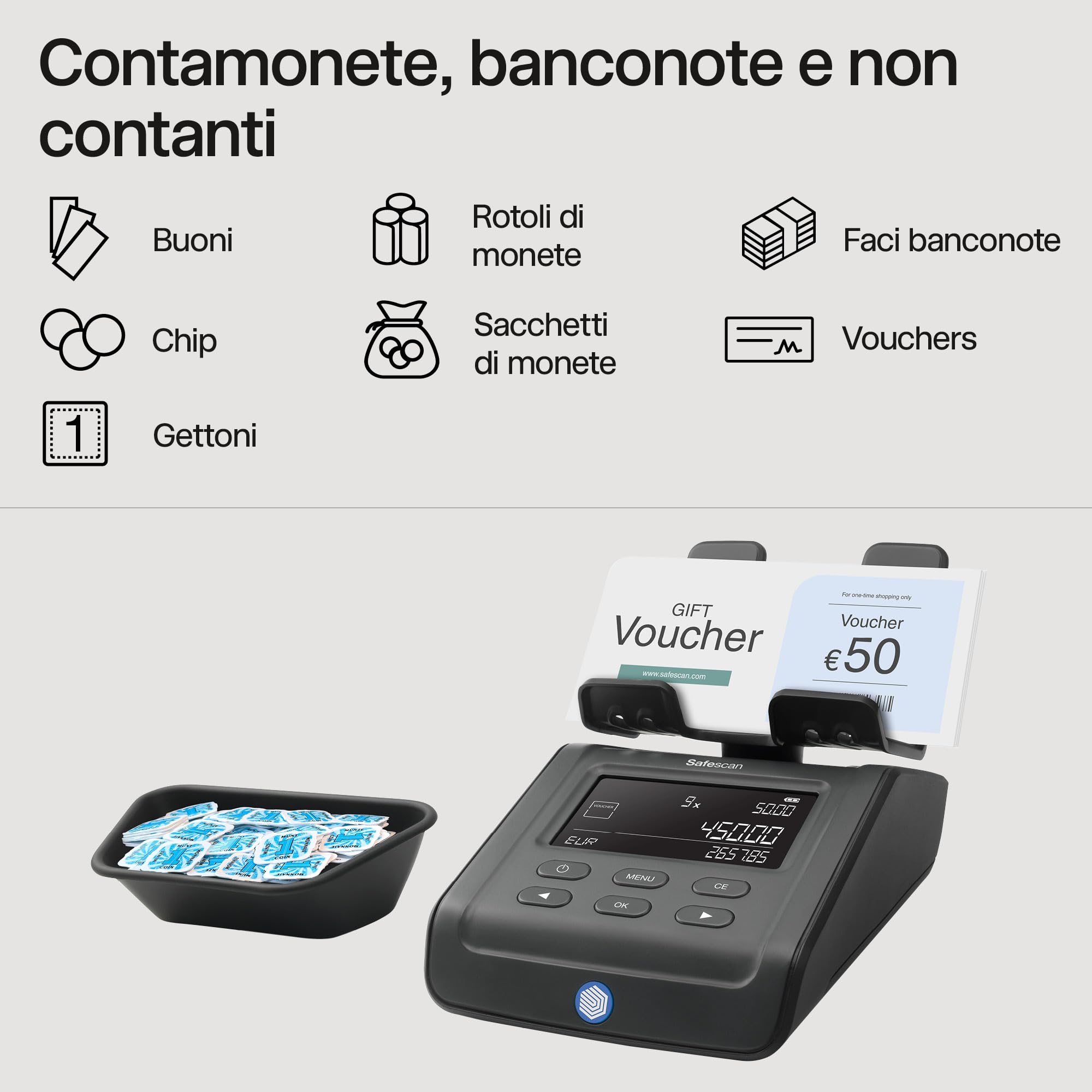 Safescan 6175 Macchina contasoldi che conta monete, banconote, buoni e gettoni, Contamonete con riconoscimento automatico del rotolo di monete, Bilancia che memorizza i risultati di ogni conteggio