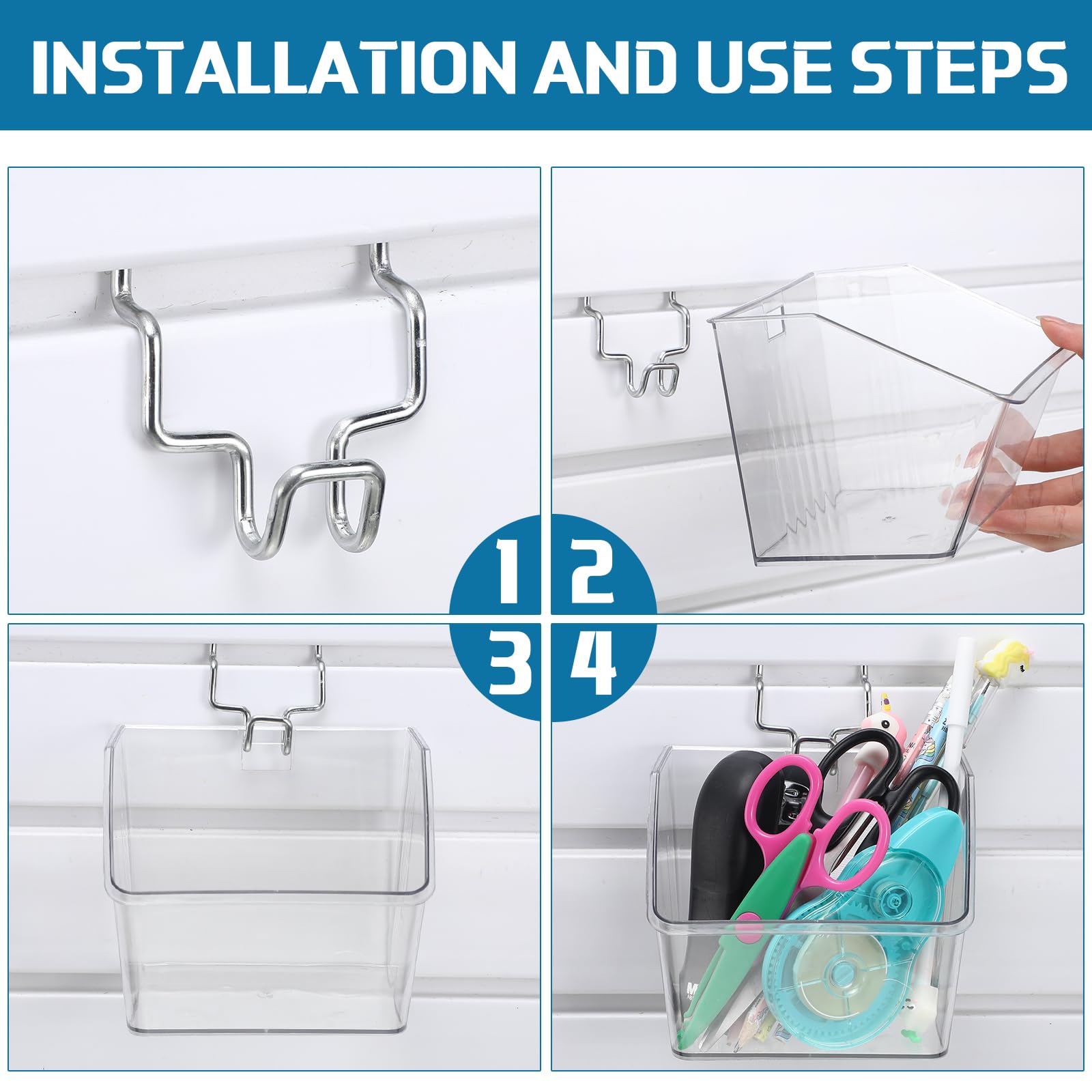 Layhit 6 Set Slatwall Bins Clear Plastic Bins with Slatwall Metal Hooks Mount Hanging Slatwall Containers Storage Organizer Slat Wall Accessories for Craft Garage Tool Storage Room Panel