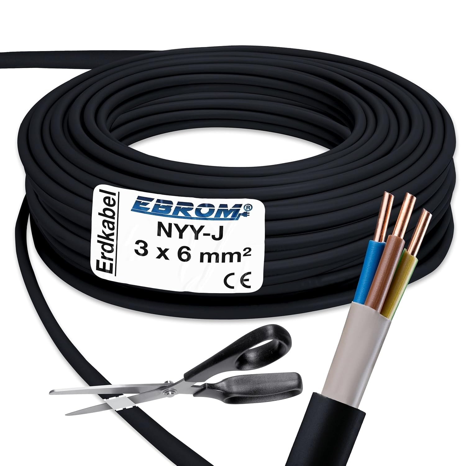 Câble électrique/câble de terre NYY-J vendu au mètre au mètre - 3 x 6 mm2 - Noir -