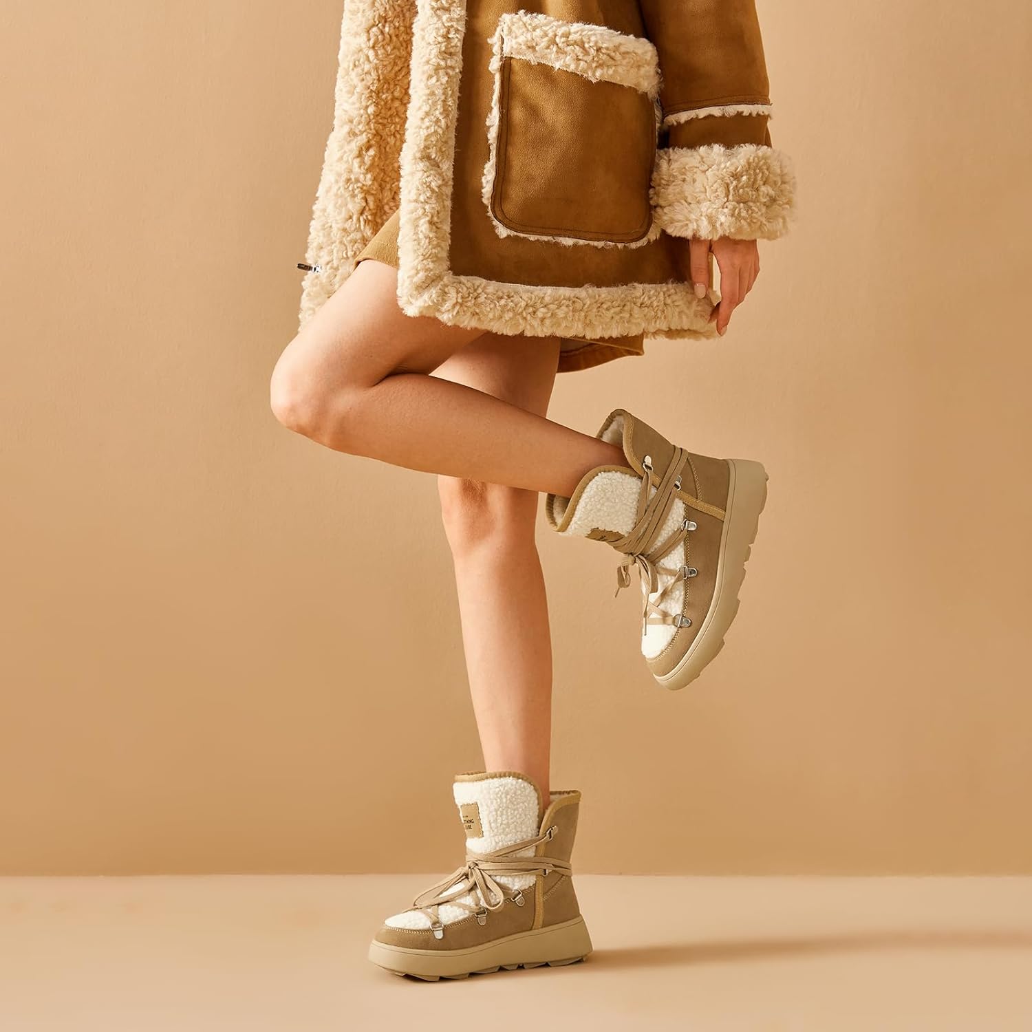 BEAU TODAY Snow Boots for Women, Suede Fur Womens Platform Boots Anti-Slip Lace Up Round Toe Ankle Boots Comfort Outdoor Walking Winter Shoes - Image 3