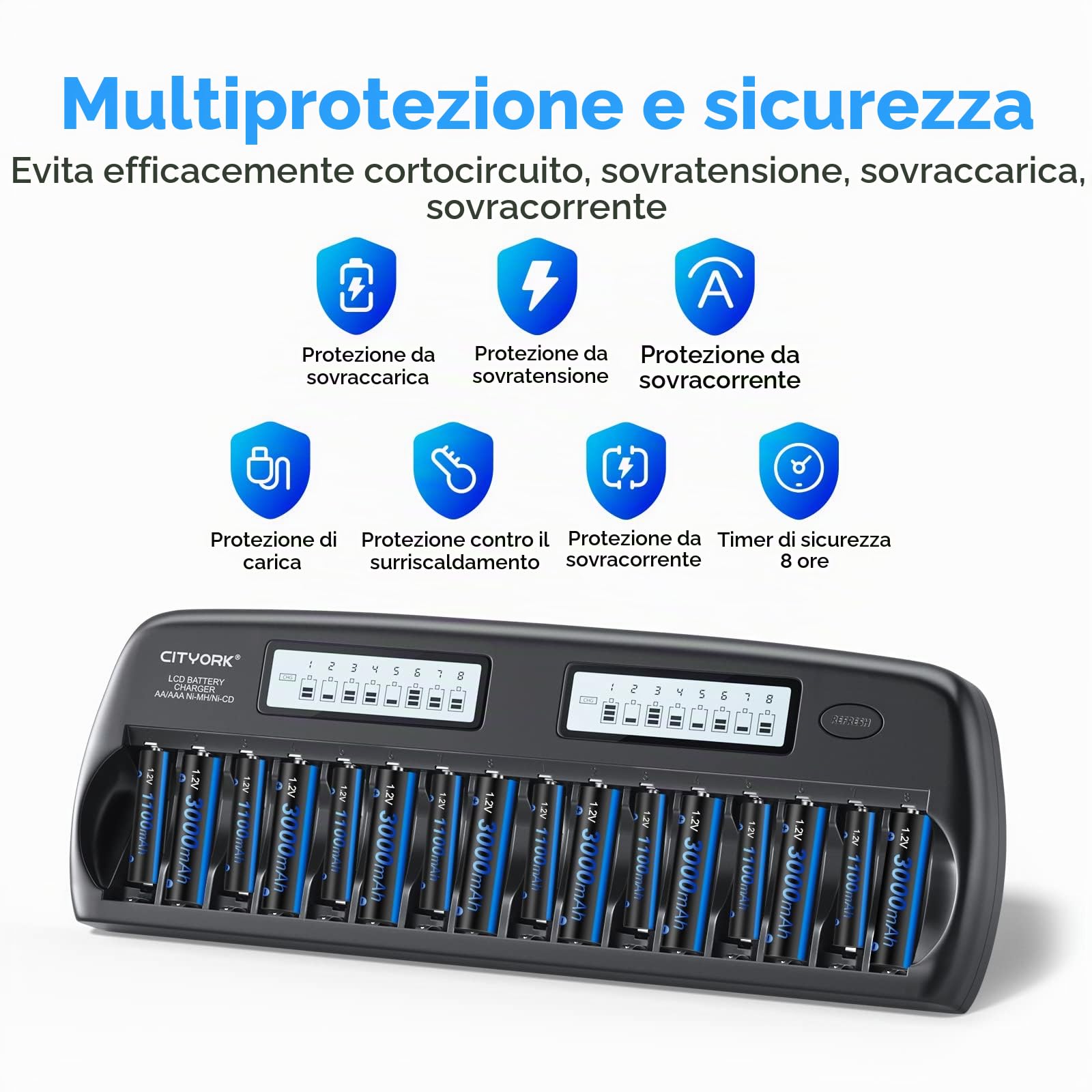CITYORK Caricabatterie 16 Bay LCD Smart AA/AAA con 8 batterie ricaricabili AA 3000mAh e 8 batterie ricaricabili AAA 1100mAh