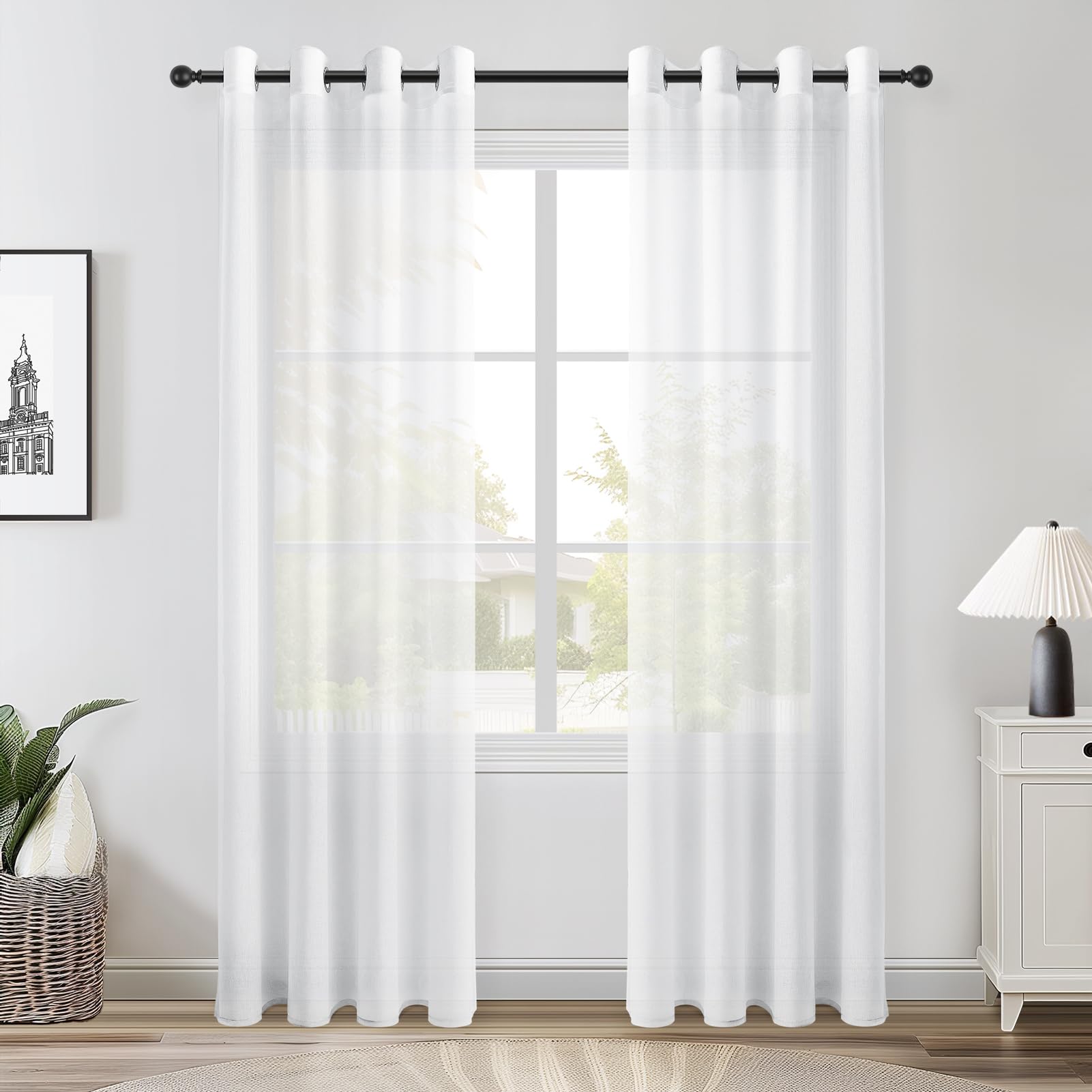 Topfinel -Faux Linen Grommet Curtains 2 Panels Semi Sheer White Curtains for Bedroom Living Room Fabric White 54x84 Drop