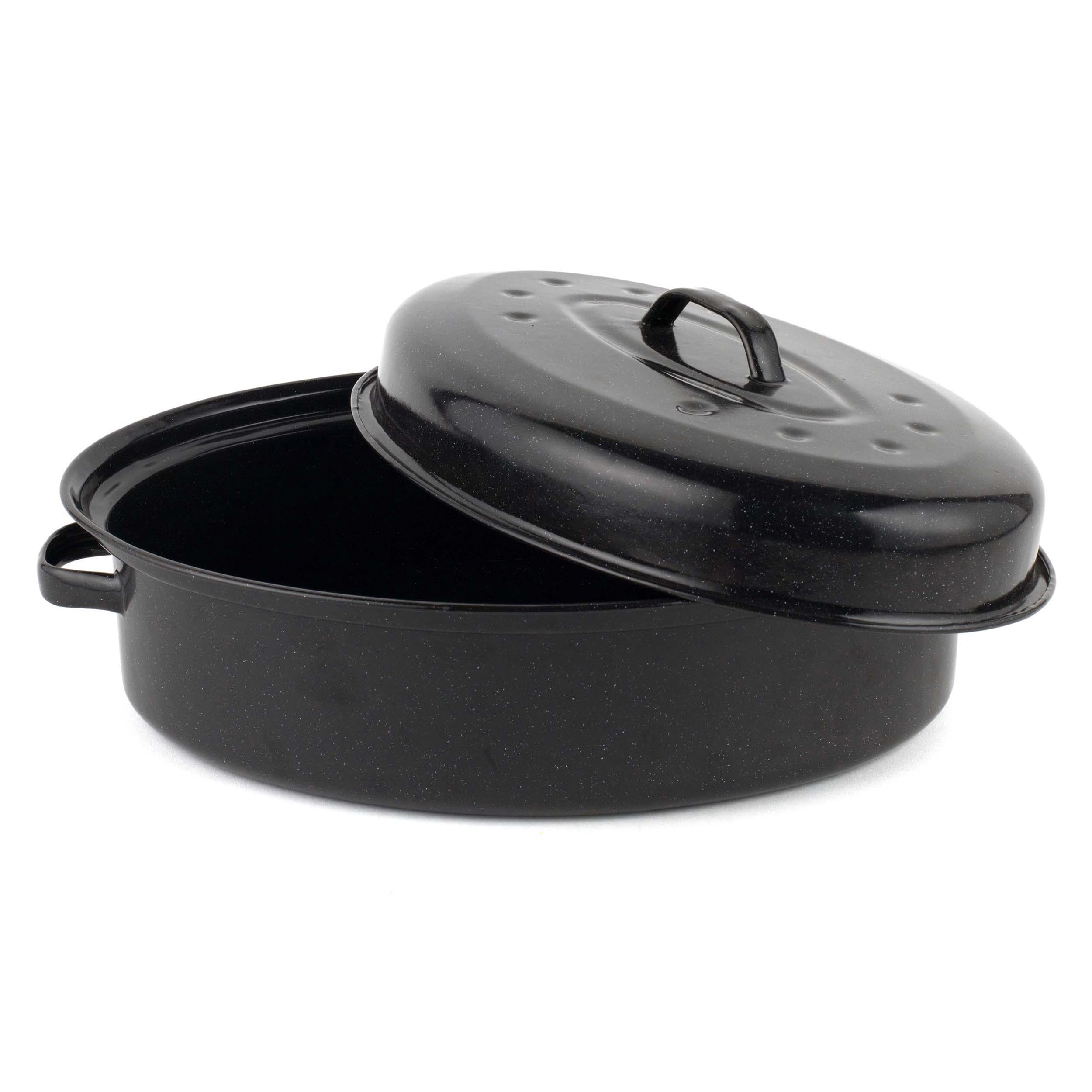 Salter BW12810EU7 Self-Basting Roaster – 36cm Vitreous Enamel Coated Steel Roasting Tin with Lid, Oval Dish, PFAS-Free, Dishwasher Safe, Oven Safe to 230°C, Easy Clean, Roast Meat/Vegetables, Black
