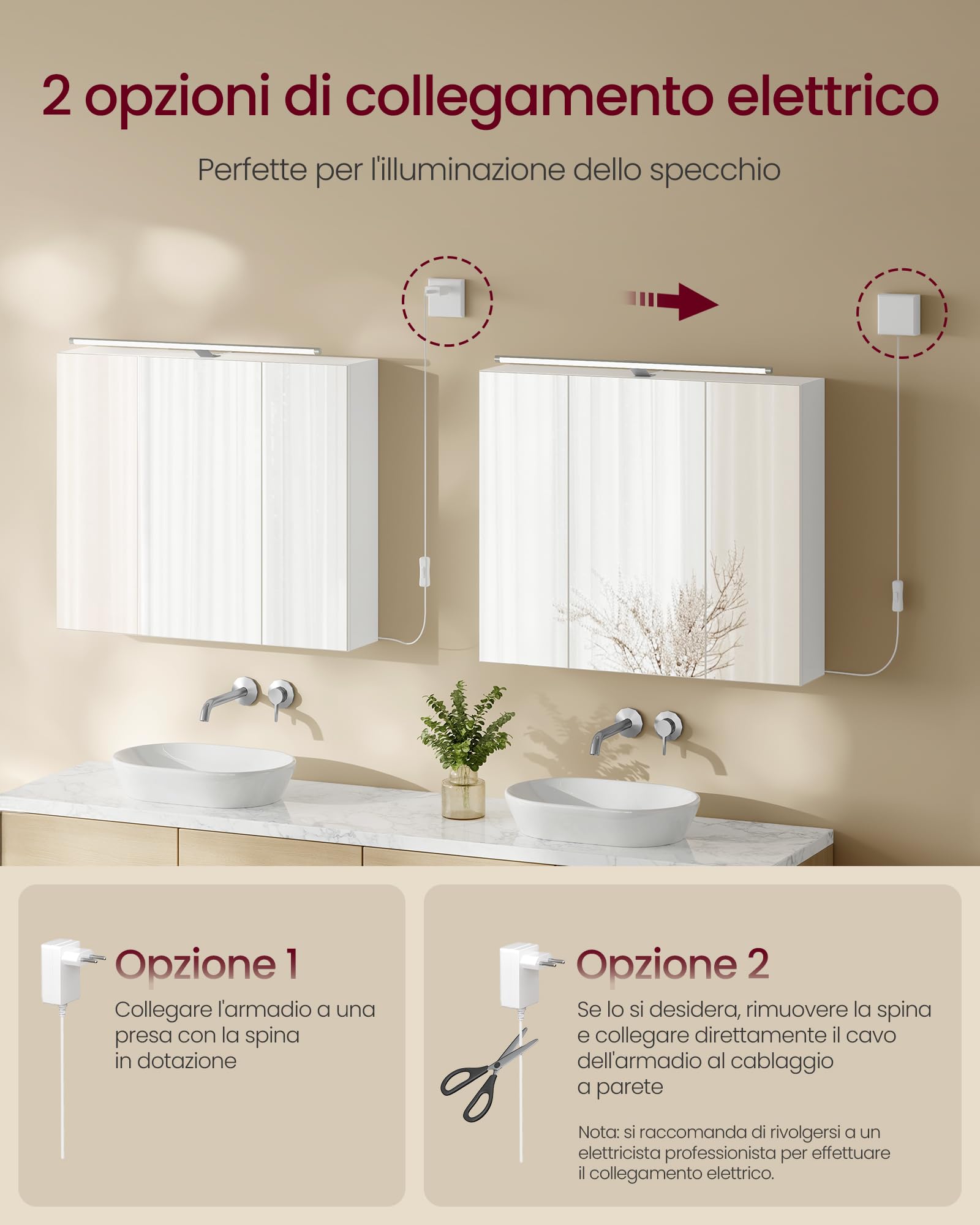 VASAGLE KAILYN Collezione - Armadietto da Bagno Sospeso con 3 Ante a Specchio e Illuminazione, Ripiani Regolabili, Stile Moderno, 15 x 70 x 60 cm, Bianco Nuvola BBK139WB01